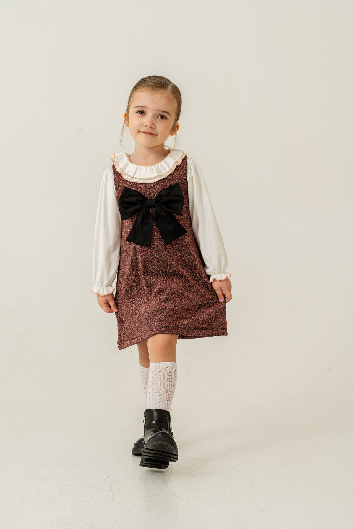 Eray Kids Kız Çocuk Fırfırlı Yaka Gömlekli Simli Jile Bayramlık Elbise 2'li Takım(2-5 Yaş) fotoğrafı 5 (önizleme)