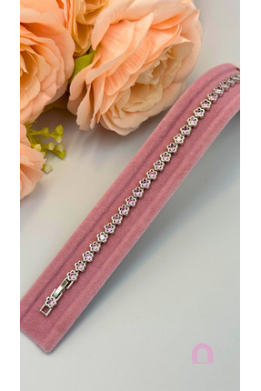 Moond Accessories Xuping Çiçek Desenli Pembe Taşlı Silver Bileklik