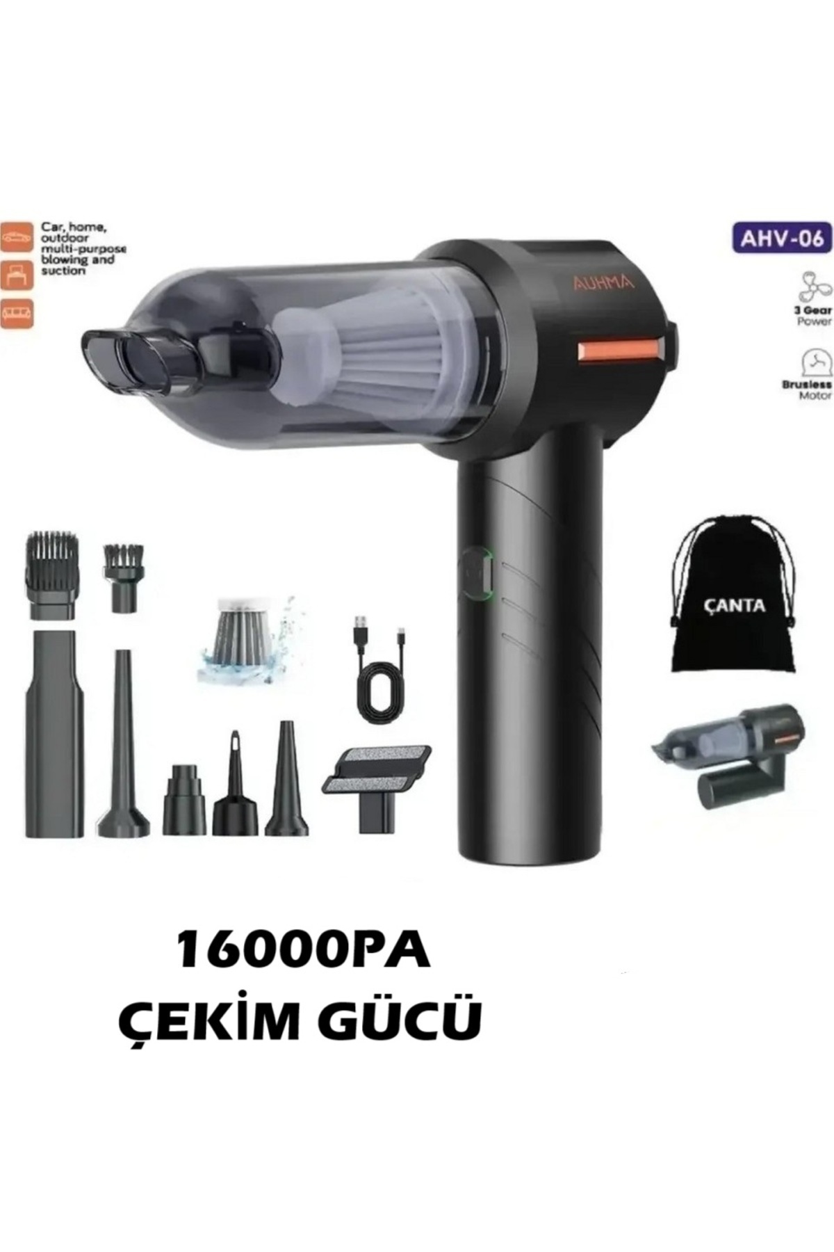 aetcr Auhma Ahv-06 16.000PA Katlanabilir 3 Kademeli Kablosuz Araç İçi Süpürge Profesyonel Ultra Çekim Güçl
