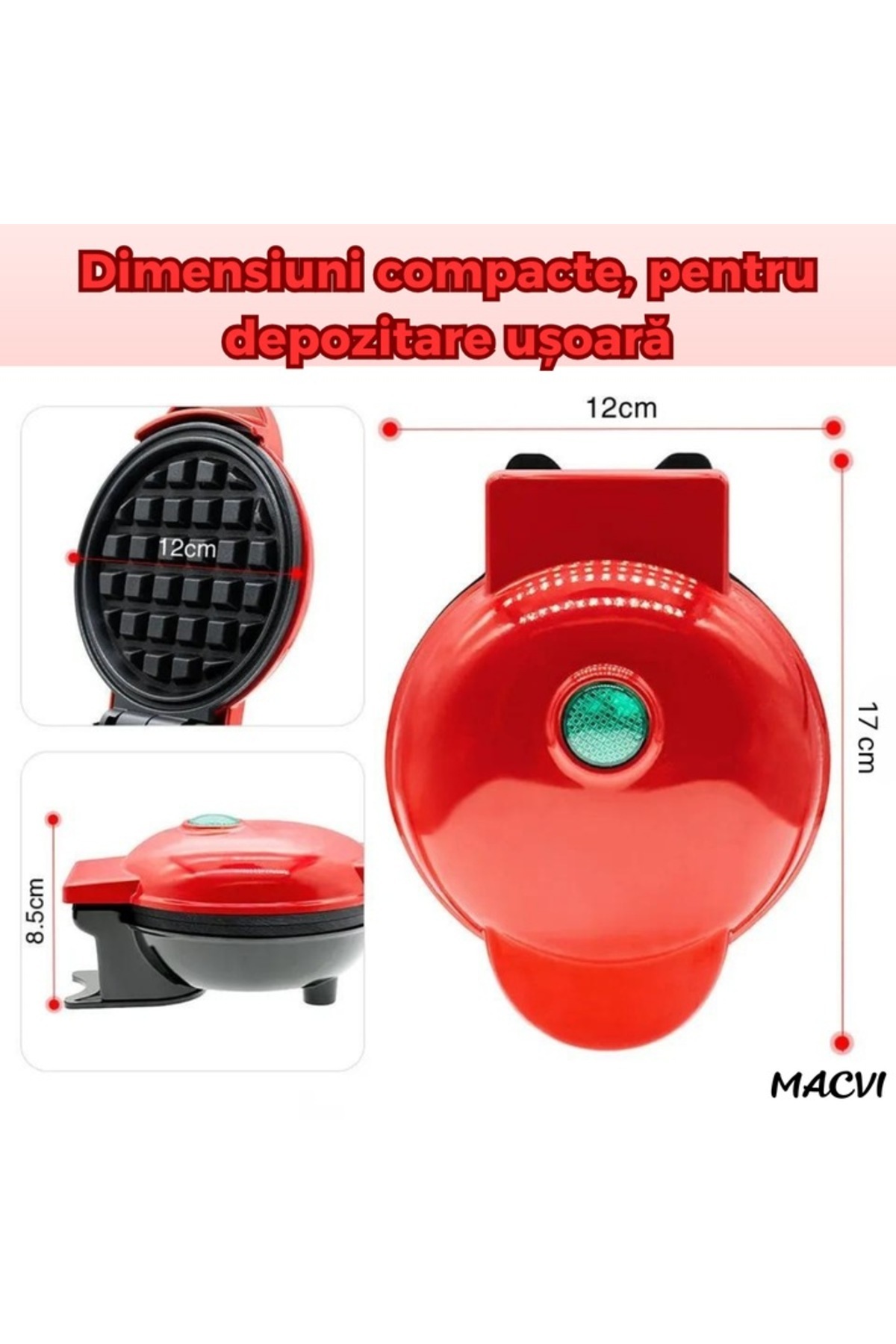 MACVI-Macvi® mini waffle maker for waffles with non-stick plates, light indicator, compact design, red 6