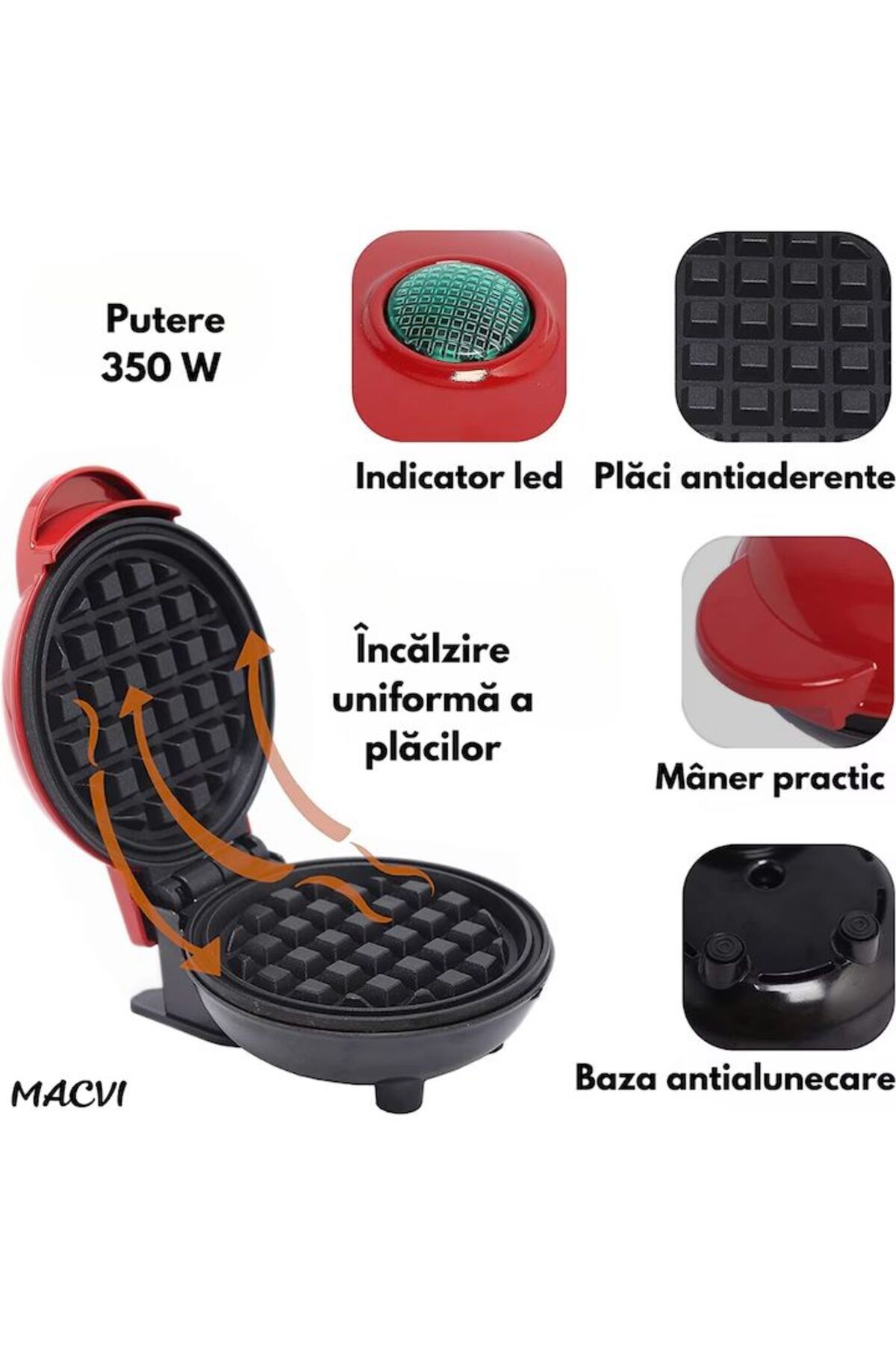 MACVI-Macvi® mini waffle maker for waffles with non-stick plates, light indicator, compact design, red 2