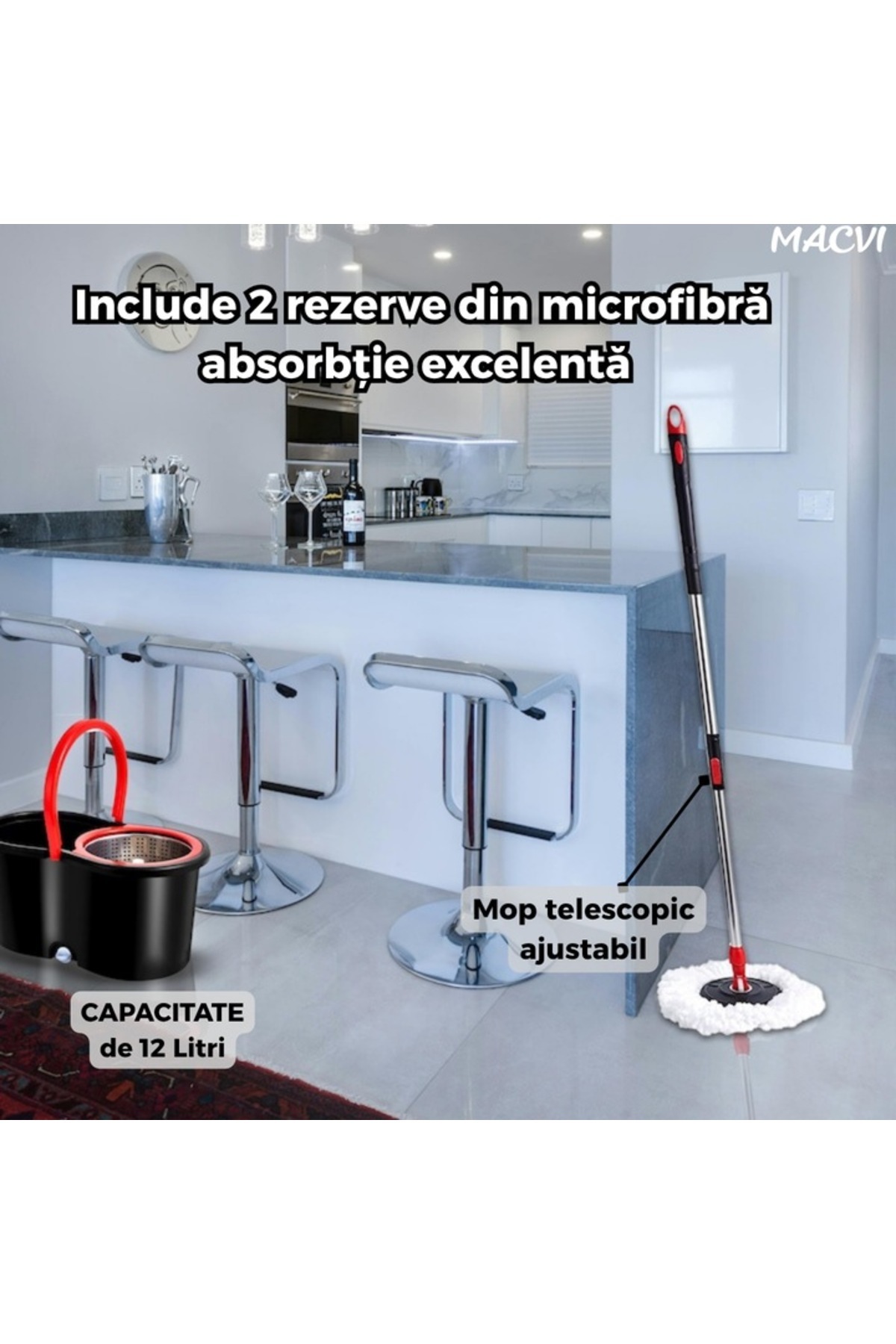 MACVI-Macvi® 360 rotating mop set with quick-wring bucket and telescopic handle, 8 liters 5