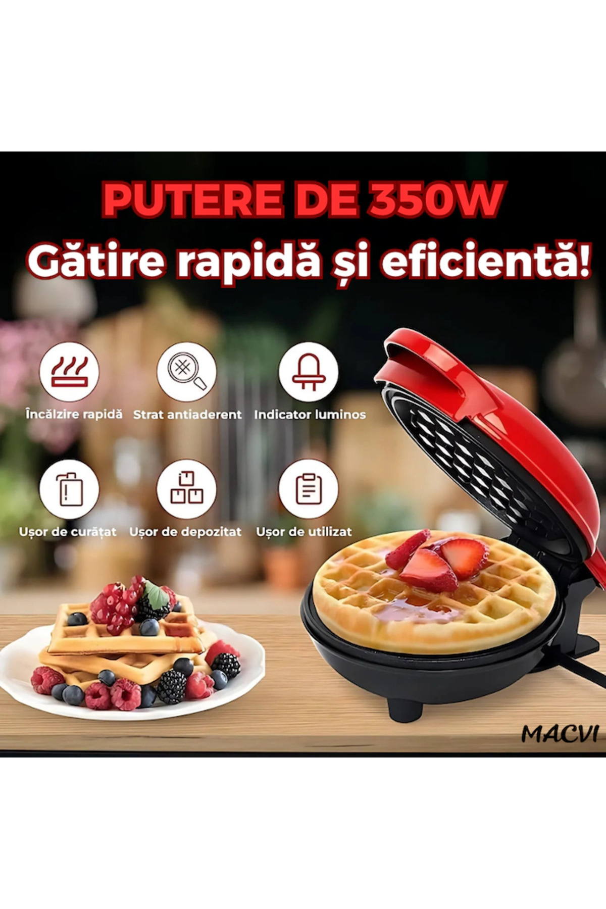 MACVI-Macvi® mini waffle maker for waffles with non-stick plates, light indicator, compact design, red 4
