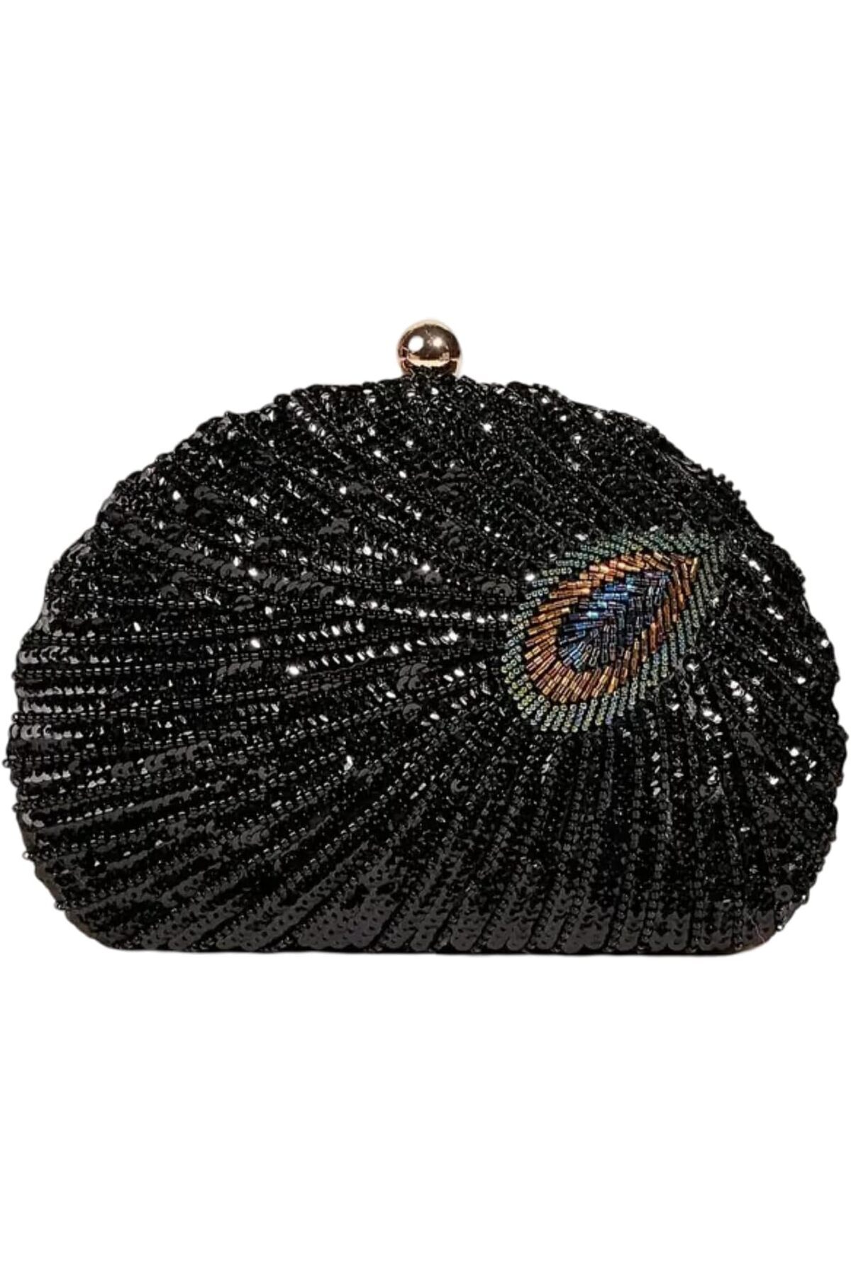 Just Pretty Corner-Elegant Peacock Feather Sequin Evening Clutch-Synthetic Material, with Removable Strap-Black 1