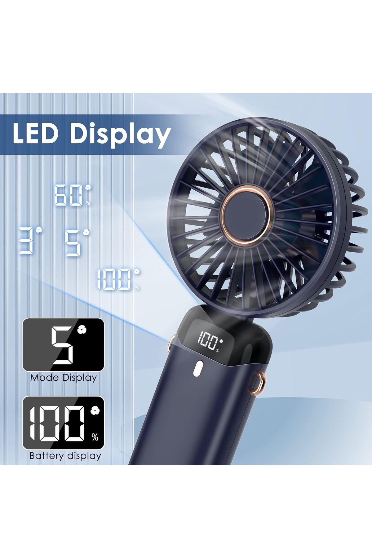Generic-Handheld Fan 3000mAh Rechargeable Mini USB Fan –5 Speed Portable Folding Desk Fan with Power Display 6
