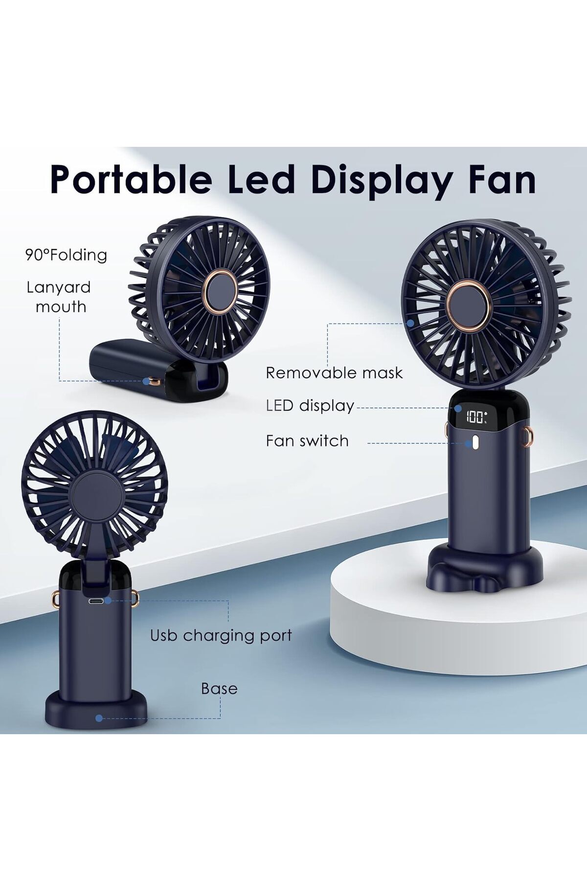 Generic-Handheld Fan 3000mAh Rechargeable Mini USB Fan –5 Speed Portable Folding Desk Fan with Power Display 4