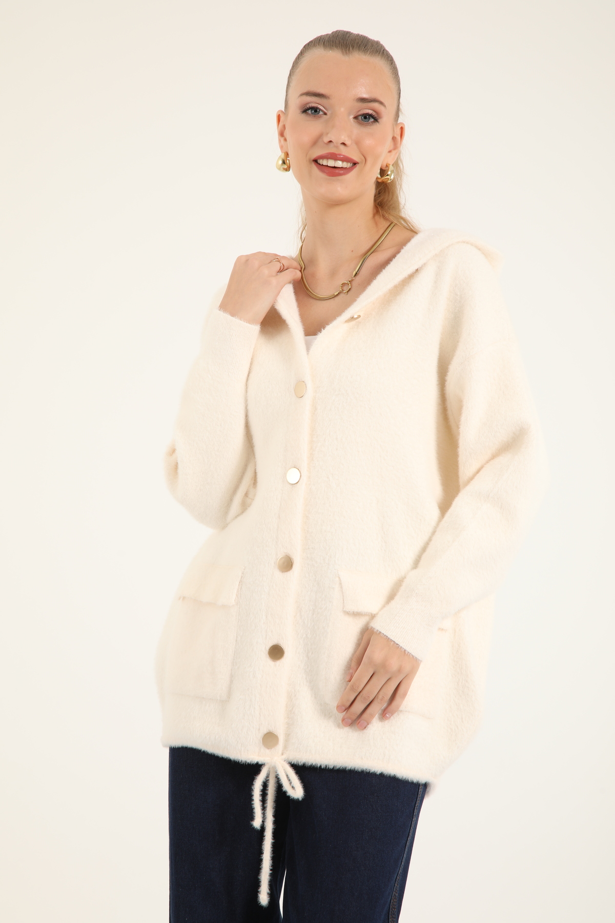 Suede Style 40936 - Şık Rahat Kapüşonlu Kadın Triko Ceket görsel 4