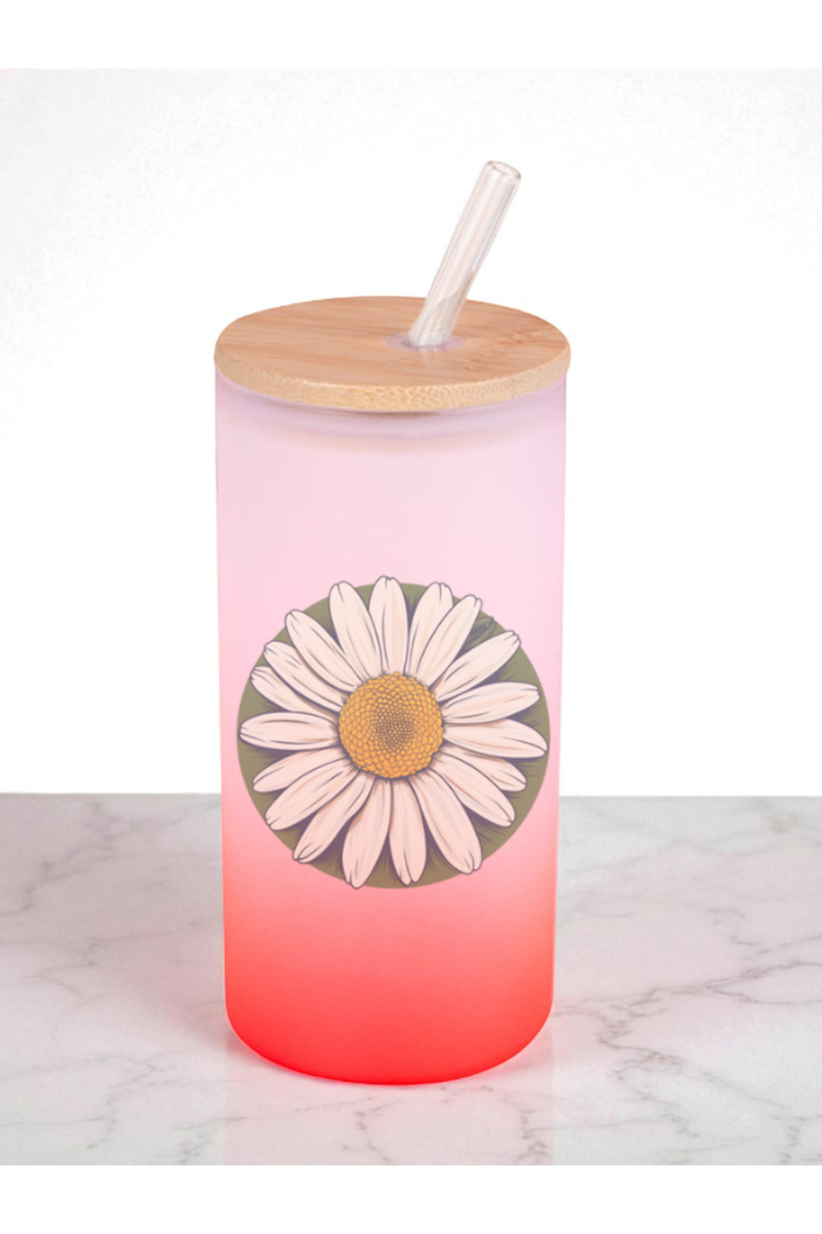 lili hediyelik-Daisy Printed 600 ml Glass Flask - Water Flask, Drinking Flask, Glass Flask with Straw 1