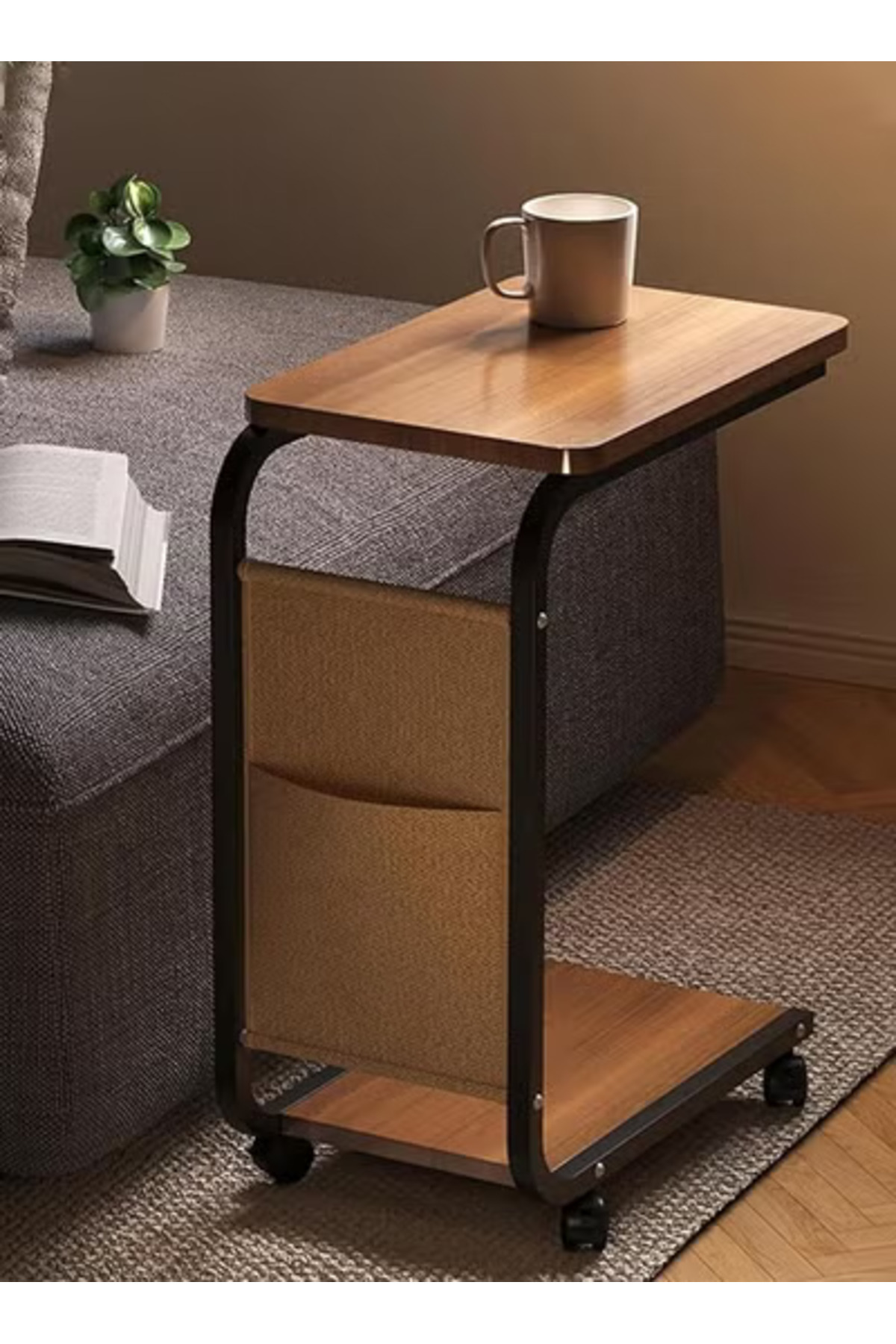 Taimi-C-Shaped Side Table with Wheels and Storage Bag, Modern Design Coffee 1