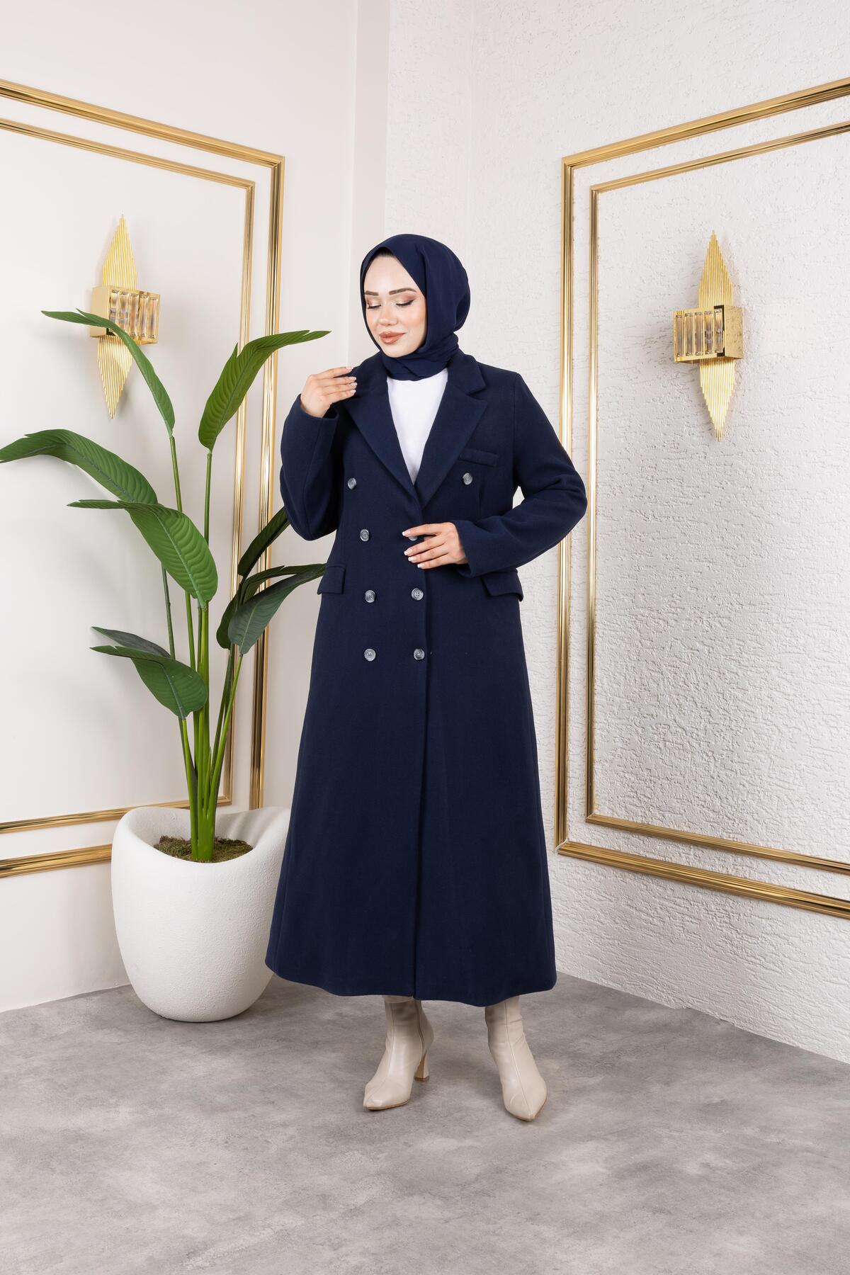 Hb Harma Time Butik  Kadın Astarlı Düğmeli Cepli Uzun Lacivert Kaşe Kaban - Görsel 3