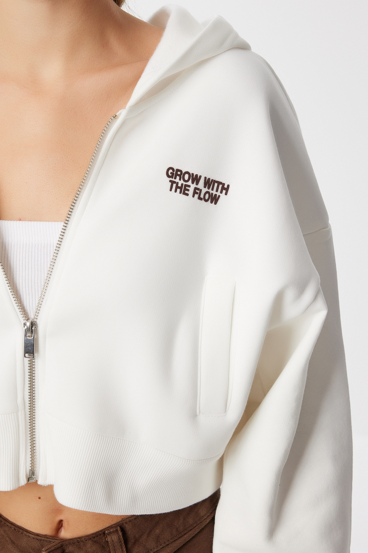 Lovelyİstanbul Kapüşonlu Baskılı Şardonlu Crop Örme Sweatshirt LUB0228 EKRU görsel 4