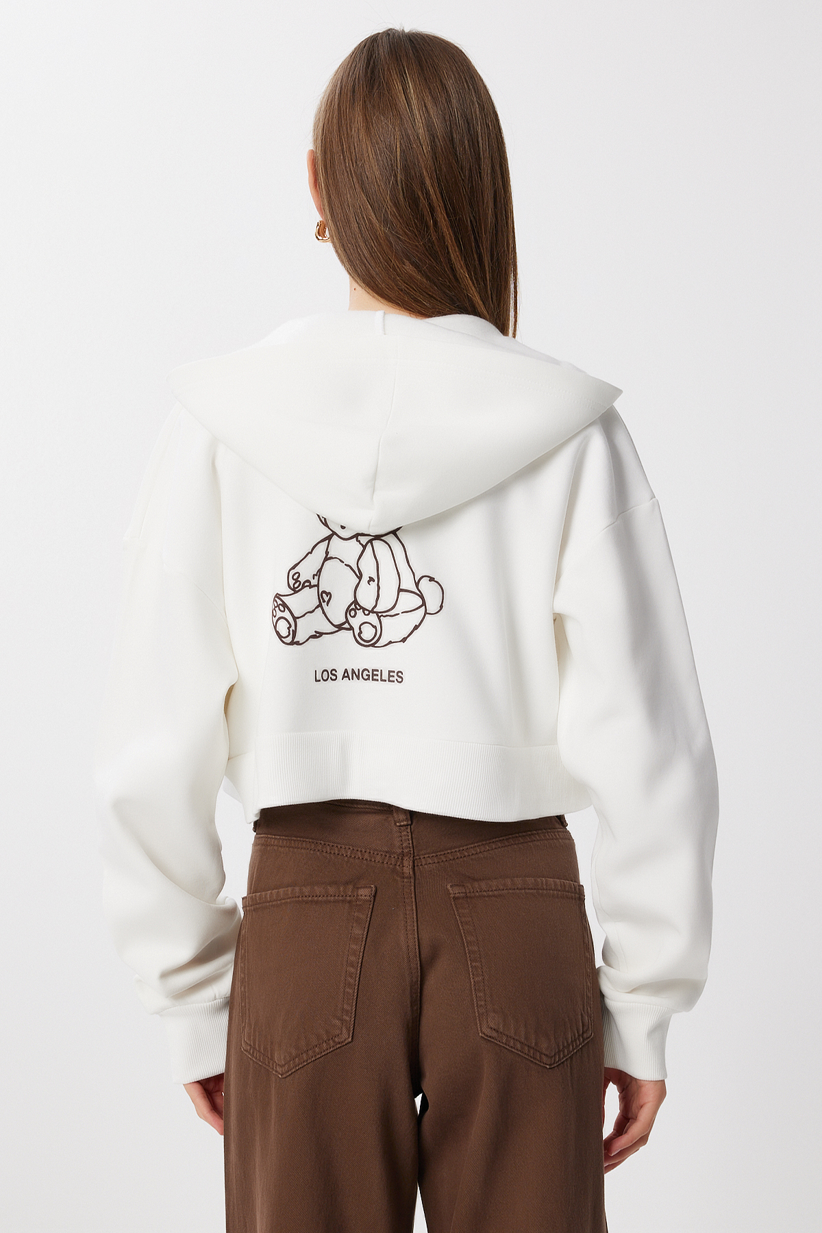 Lovelyİstanbul Kapüşonlu Baskılı Şardonlu Crop Örme Sweatshirt LUB0228 EKRU görsel 5