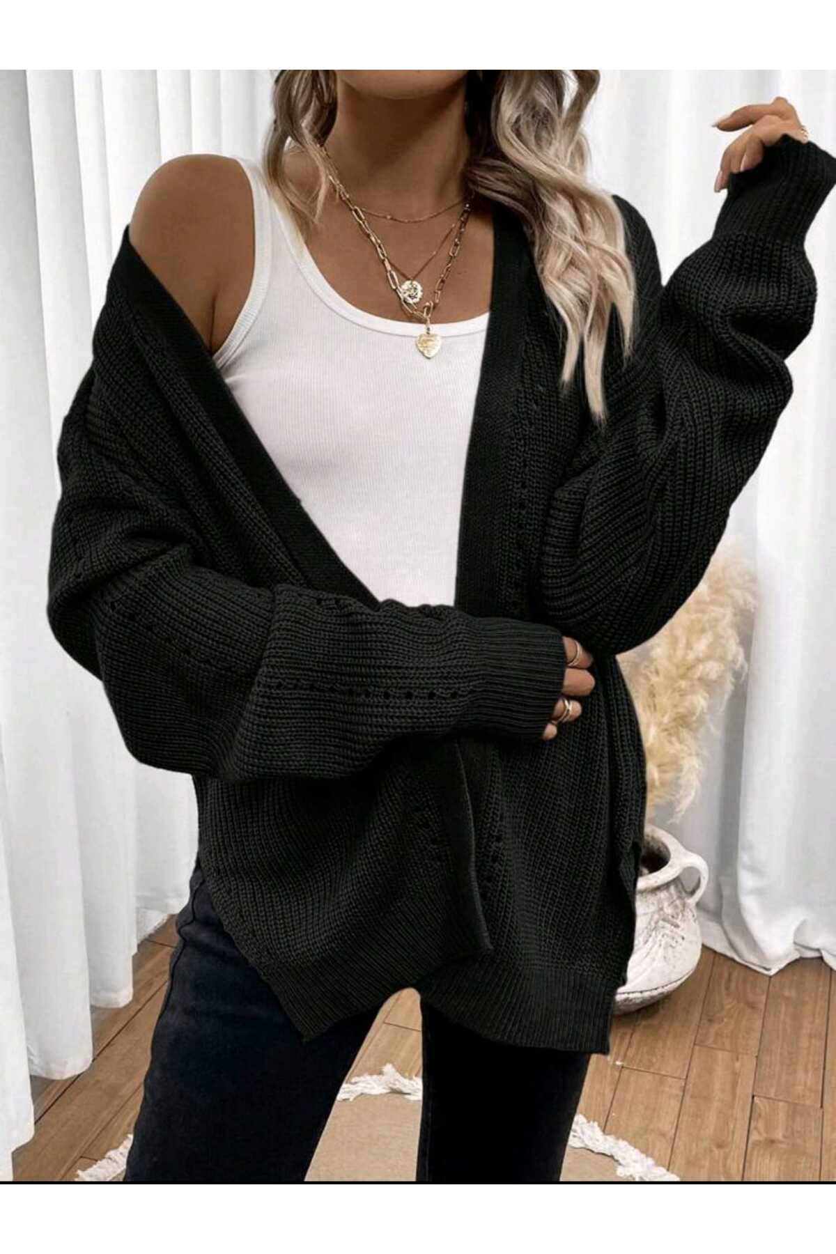 SolQ  Oversize Linksli Düğmesiz Uzun Salaş Kadın Triko Hırka - Görsel 2