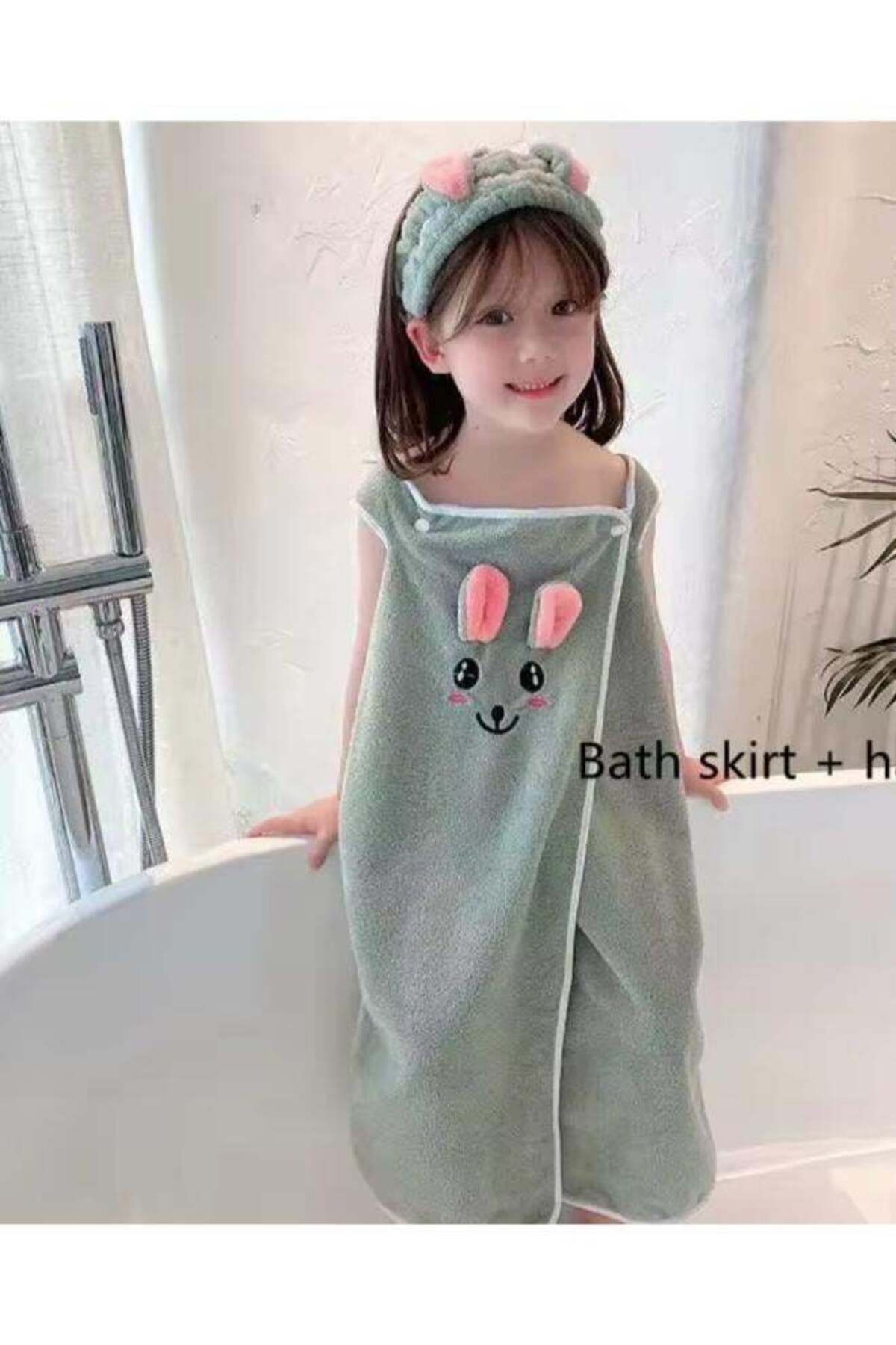 Generic-Children's Polyester Bathrobe with Headband Suitable for Home Use Small size [suitable for height 9 1