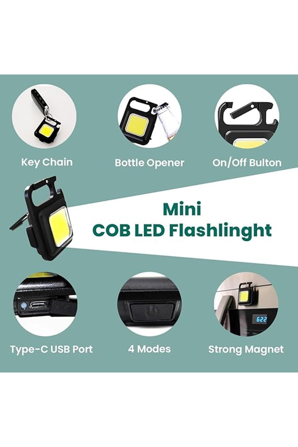 erorex-Mini Multifunctional Keychain Light Cob Mini Flashlight 3 Light Modes Rechargeable Keychain 4