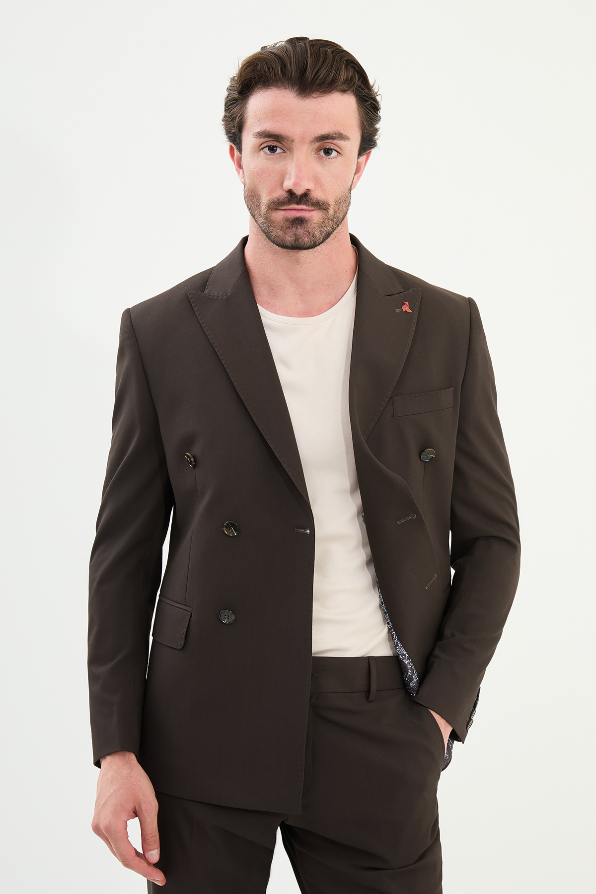 Düz Slim Fit Geniş Yaka Kruvaze Erkek Takım Elbise Kahve - 45392.25Y — رنگارنگ — تصویر 4 از 6