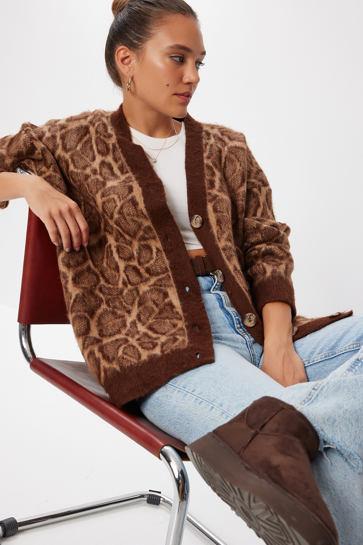 Lovelyİstanbul Leopar Desenli Yumuşak Oversize Triko Hırka LMU0002 KAHVERENGİ görsel 2