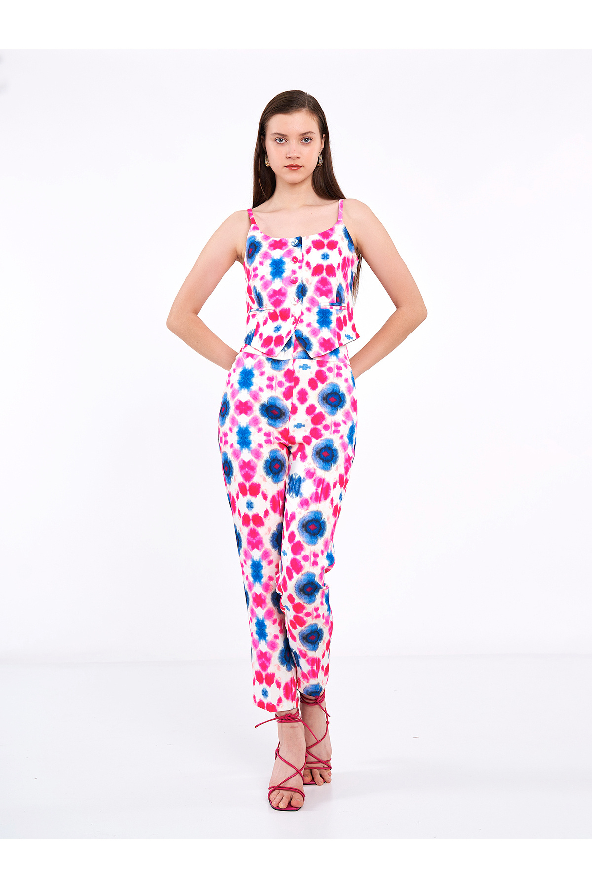 Swass-Fuchsia Feather Patterned Strap Vest and Pants Set 2