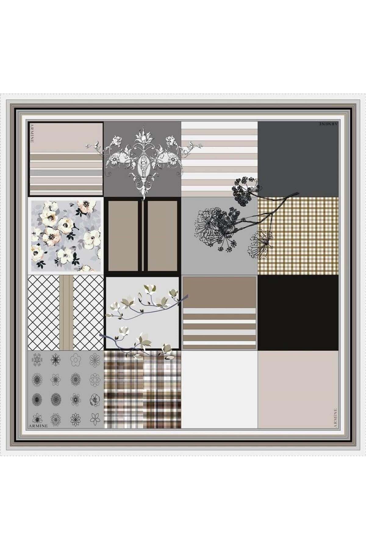 Modern Twill Ipek Desenli Gri Pudra İpek Eşarp Kadın Eşarp