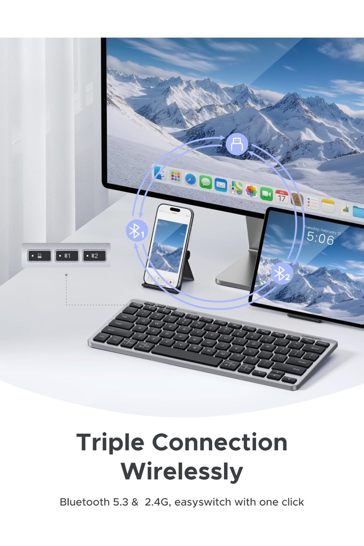 Ugreen-Wireless Keyboard 3 Device Bluetooth & 2.4G Slim Silent Keyboard with Scissor-Switch Design 7