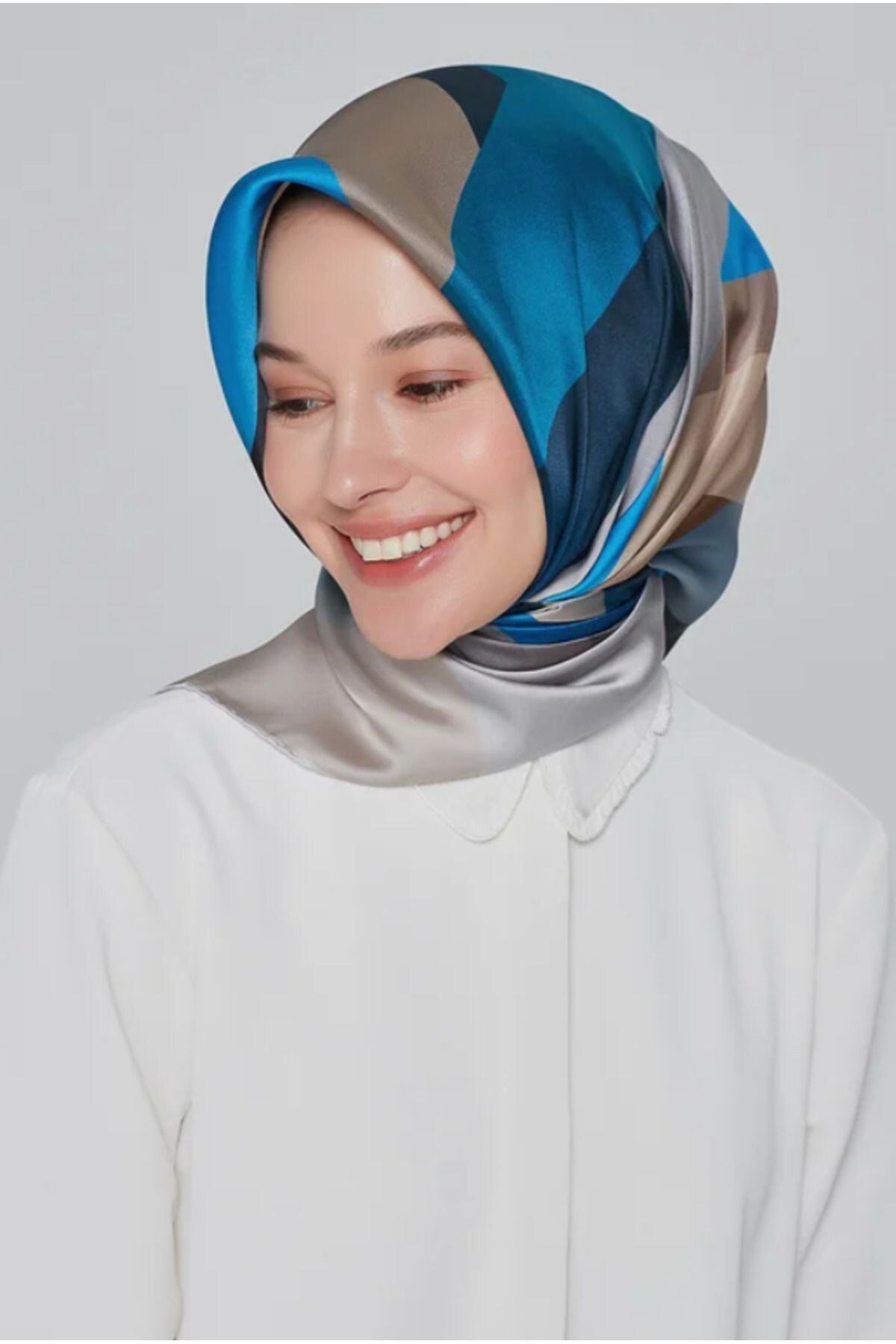 Modern Twill İpek Şık Desenli Eşarp Mavi Yeşil
