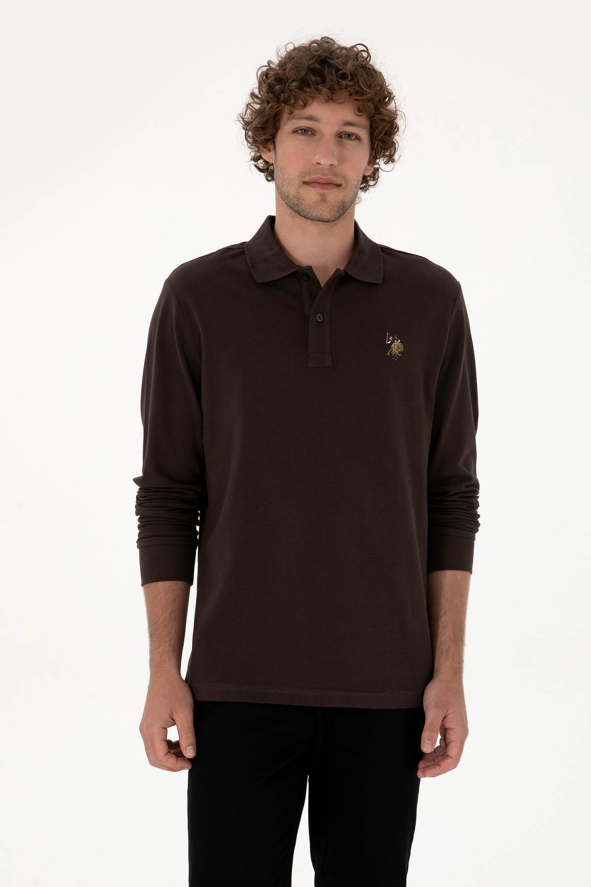 U.S. Polo Assn. Erkek Regular Fit Polo Yaka Koyu Kahverengi Basic Sweatshirt 50313772-VR084