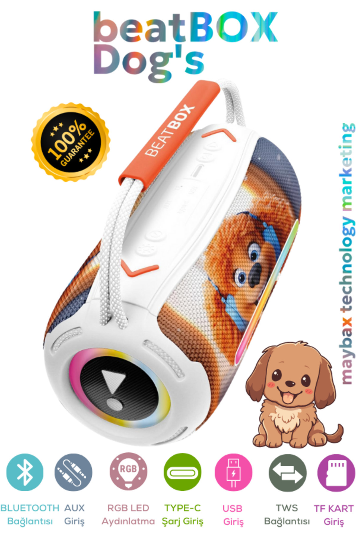 Maybax Beatbox Animals Köpek Led Işıklı Dayanıklı Ses Bombası Usb Sd Aux Bluetooth Hoparlör