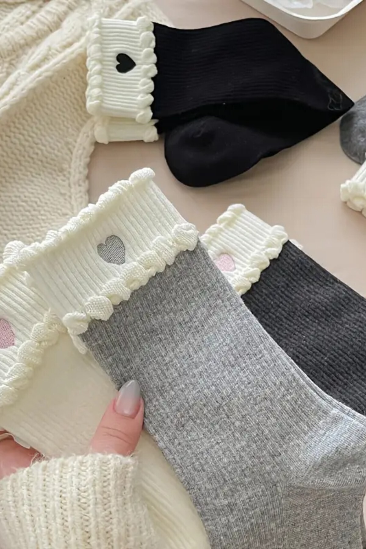 Hitit Socks Жіночі 5 пар преміум якості мереживні двошарові шкарпетки корейського стилю з серцевим візерунком