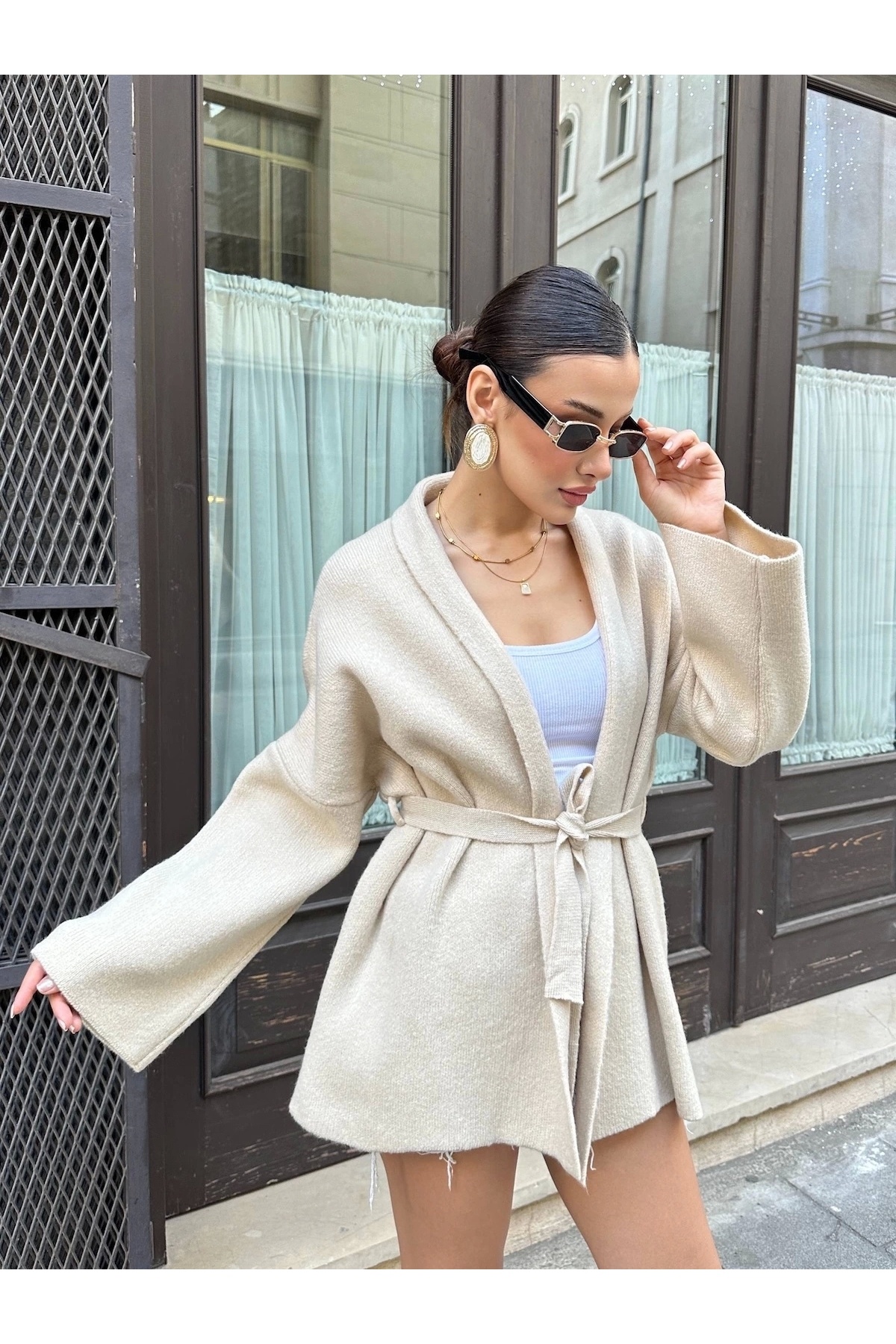 URİS Kadın Bej Kemerli Triko Kimono Hırka görsel 8