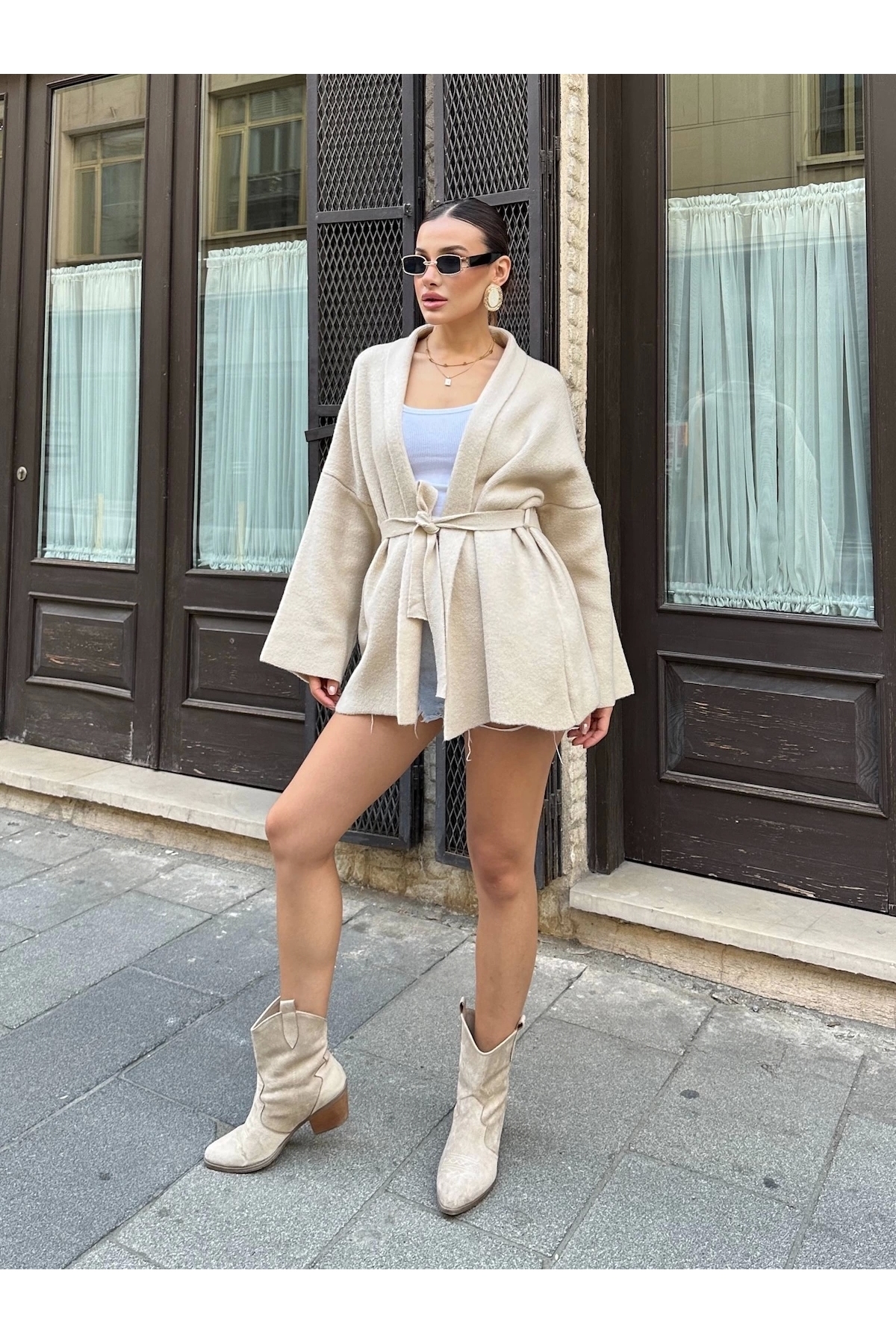 URİS Kadın Bej Kemerli Triko Kimono Hırka görsel 7