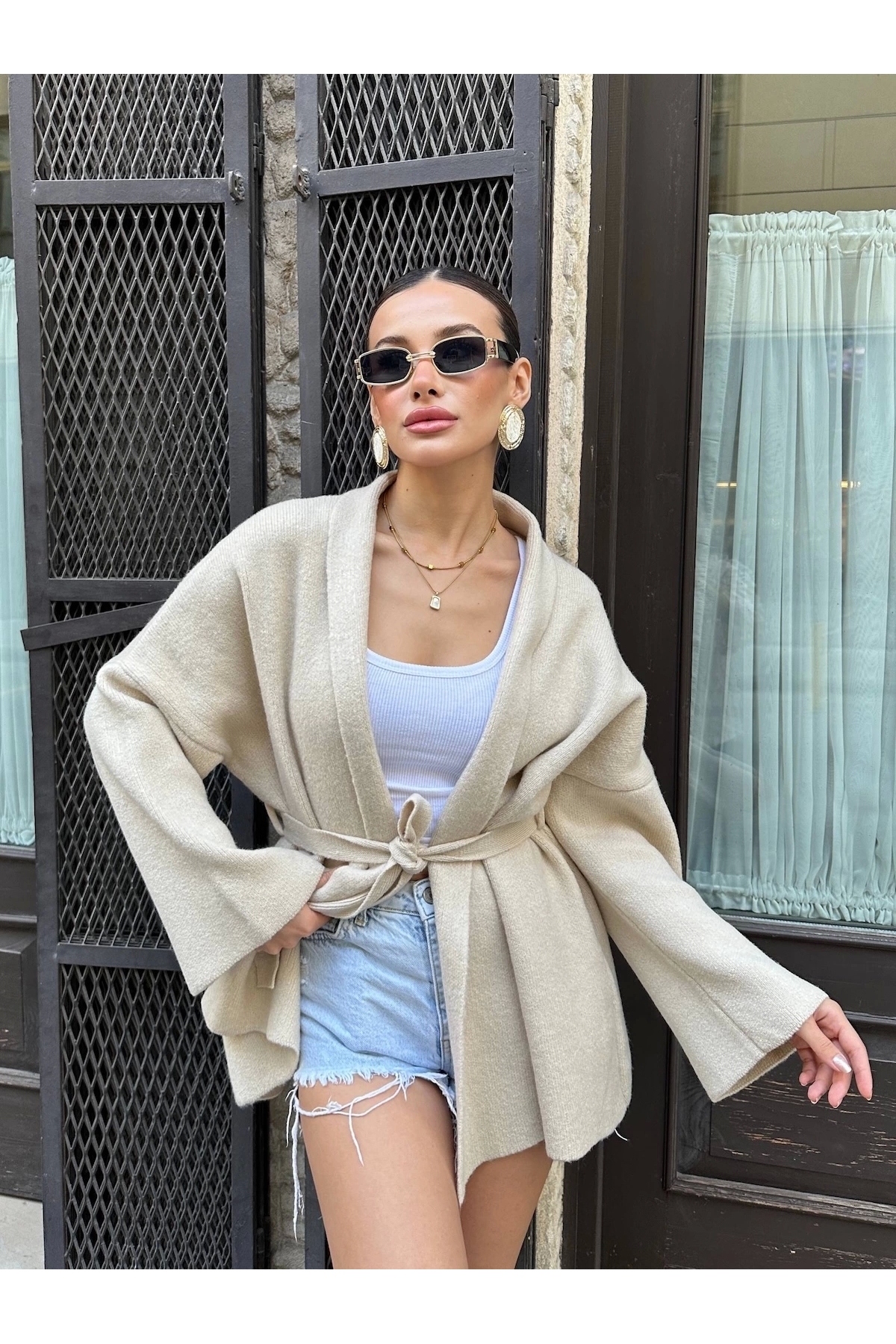 URİS Kadın Bej Kemerli Triko Kimono Hırka görsel 6