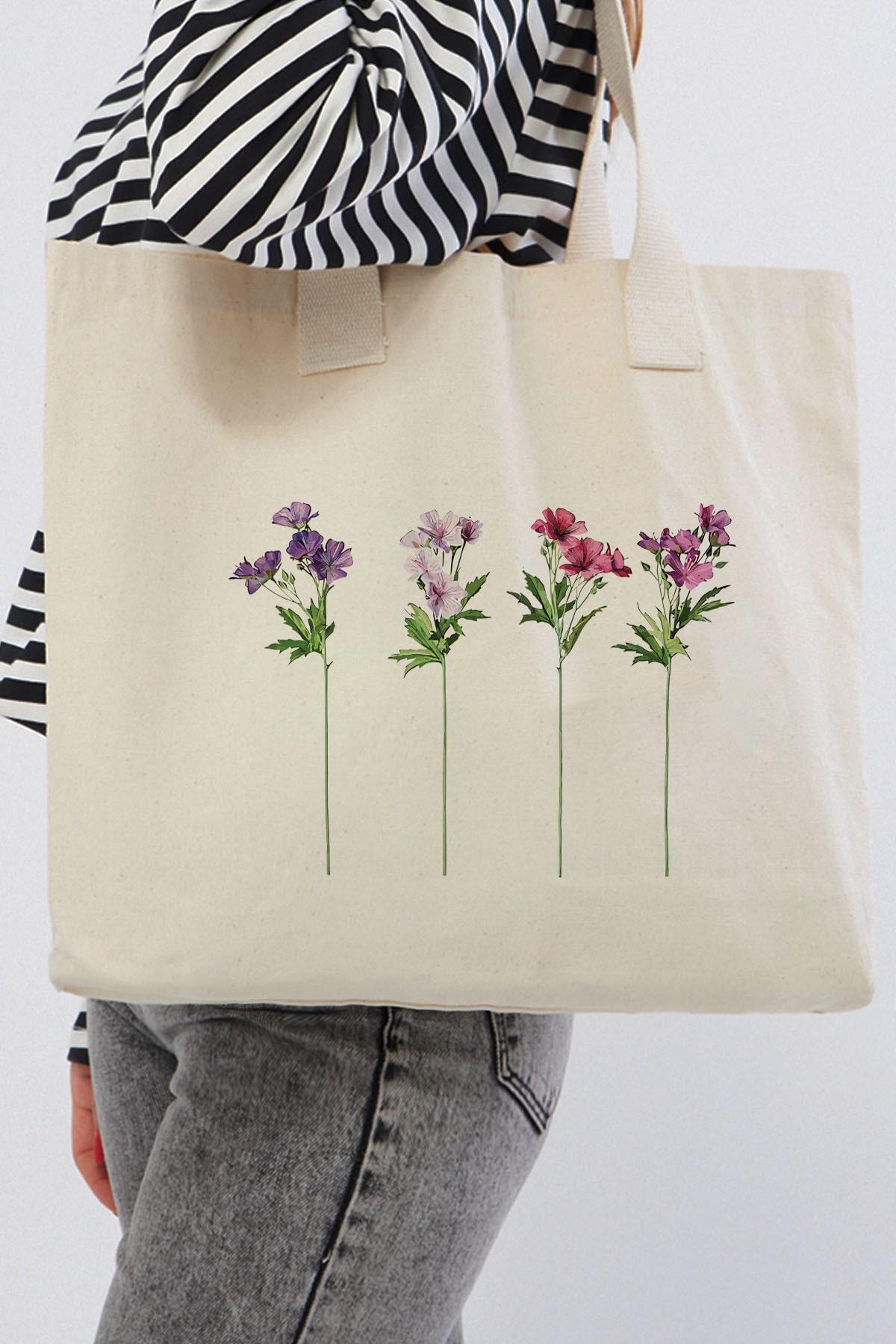 Çınar Bez Çanta  Uzun Dallı Çiçekler Baskılı Yatay Kanvas Bez Çanta - Görsel 3