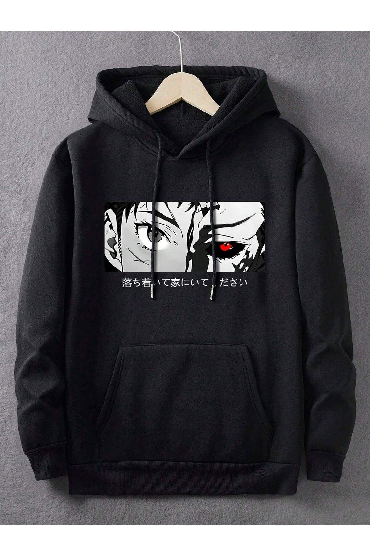هودي أسود كبير الحجم بطبعة عين حمراء أنمي أمامية