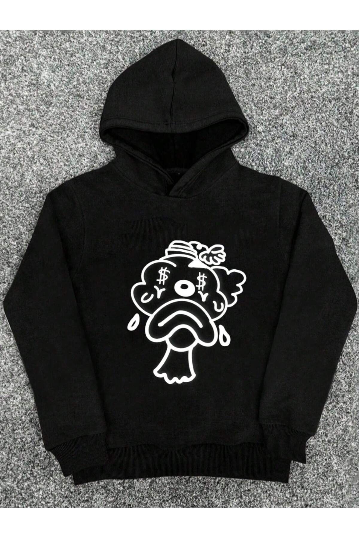 هودي أسود فضفاض بطبعة رجل يبكي أمامية