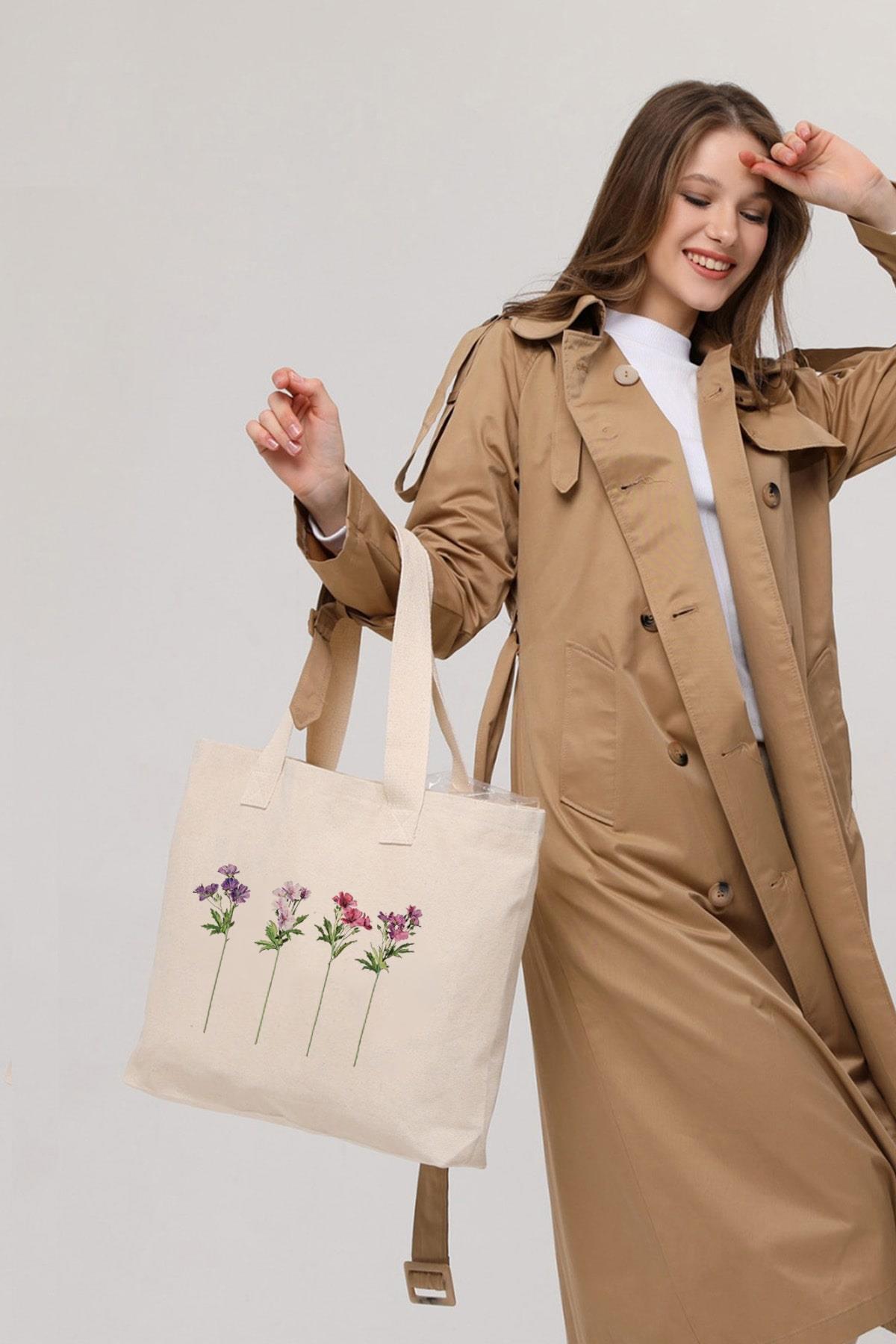 Çınar Bez Çanta  Uzun Dallı Çiçekler Baskılı Yatay Kanvas Bez Çanta - Görsel 6