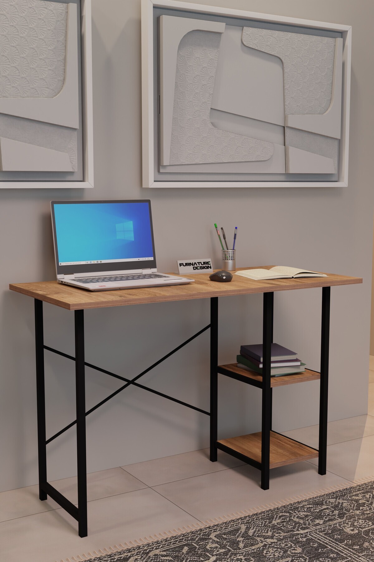FurnatureDesign 2 Raflı Metal Çalışma Masası 50x110 Ofis Bilgisayar Masası