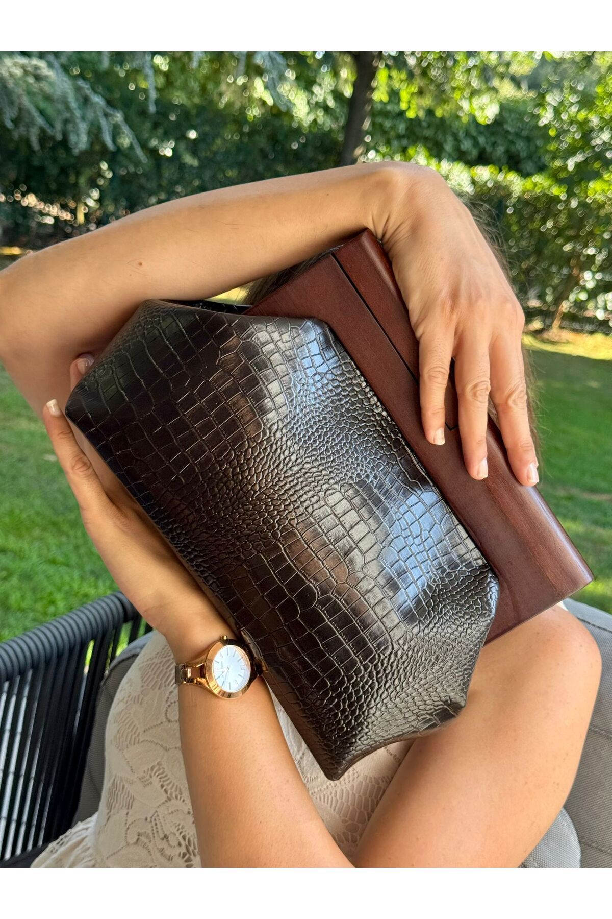 JOPHIEL Bahram Petite - Deri Çanta, Ahşap Burslu Deri Çanta, Clutch, El Çantası, Kol Çantası, Omuz Çantası