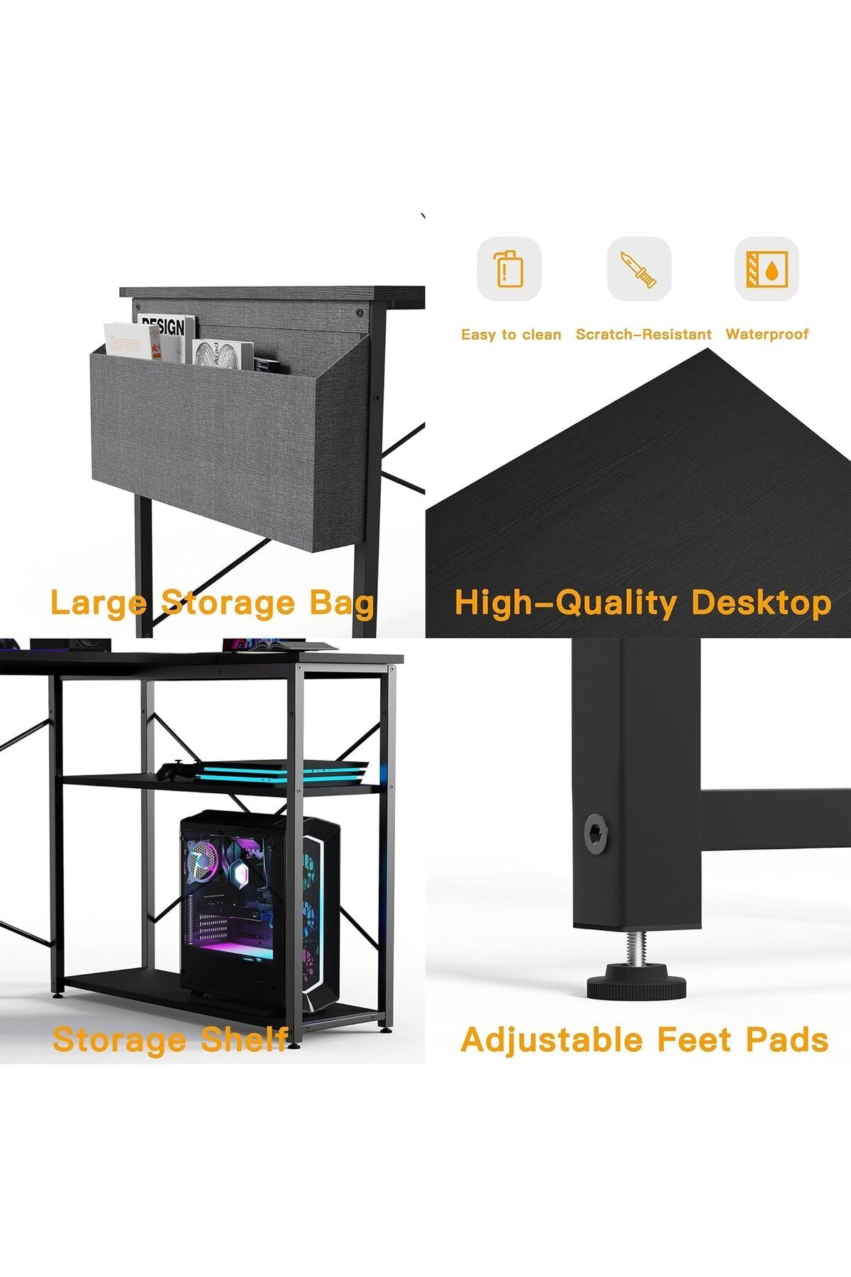 SKY TOUCH-SKY-TOUCH L-Shaped Computer Desk, Study Desk, Corner Gaming Table, with Storage Bag & Storage Shelve 7