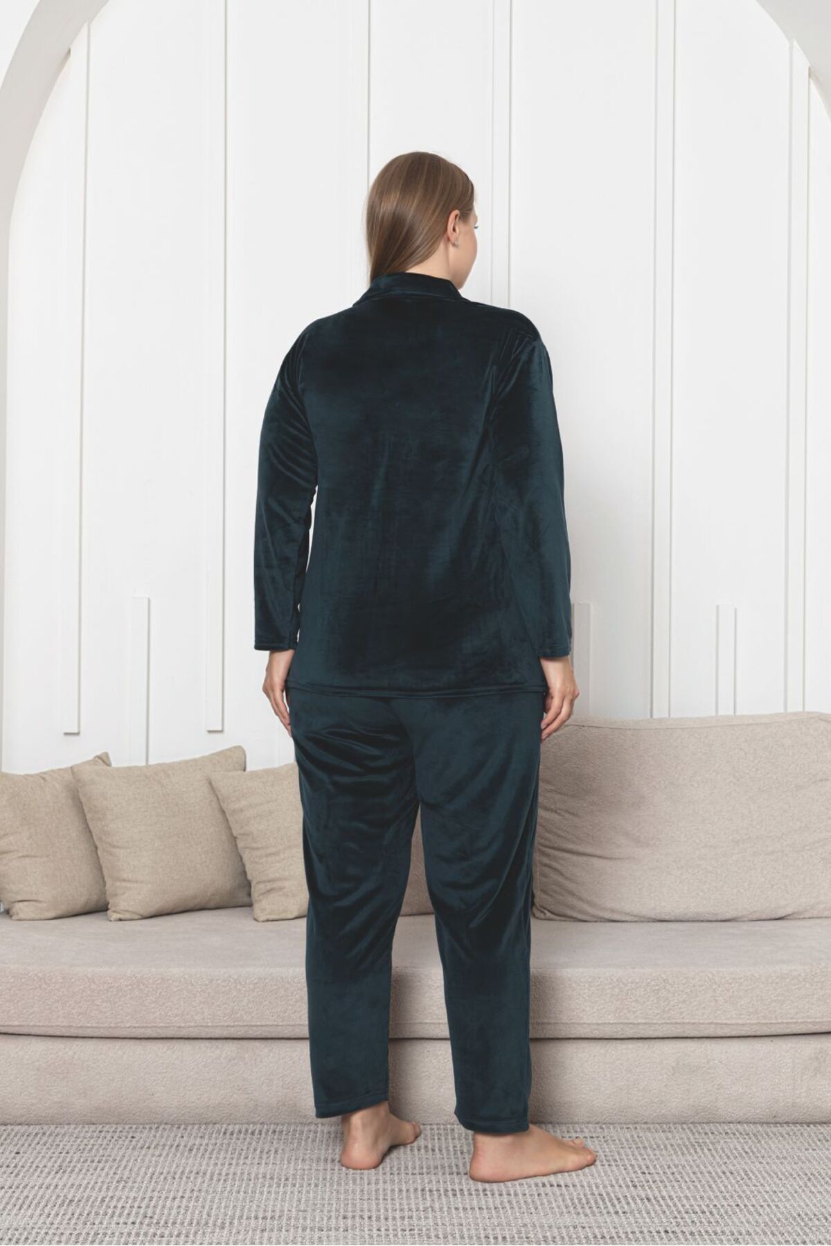Asel-Plus Size Button-Down Velvet Fabric Pajama Set 3