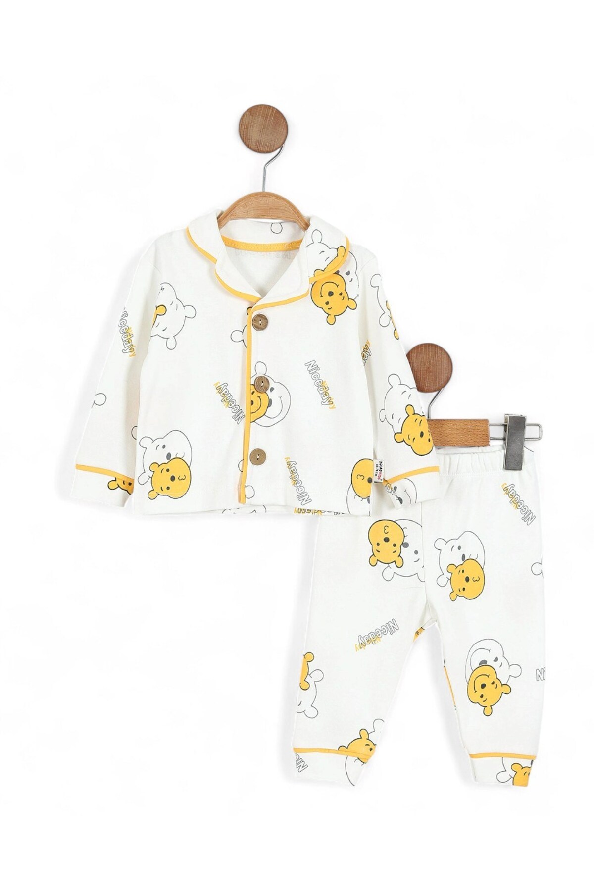 voyyo kids baby Erkek Bebek 6-9-12-18-24 Ay Pooh Baskılı, Kruvaze Yakalı Mevsimlik Düğmeli Gecelik Pijjama Takımı fotoğrafı 3 (önizleme)