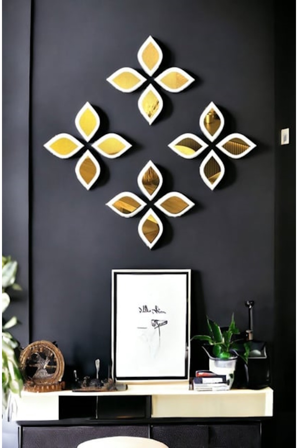 WHITE - GOLD COLOR DECORATIVE WATER DROP SET OF 16 WALL MIRRORS - 12X8 CM