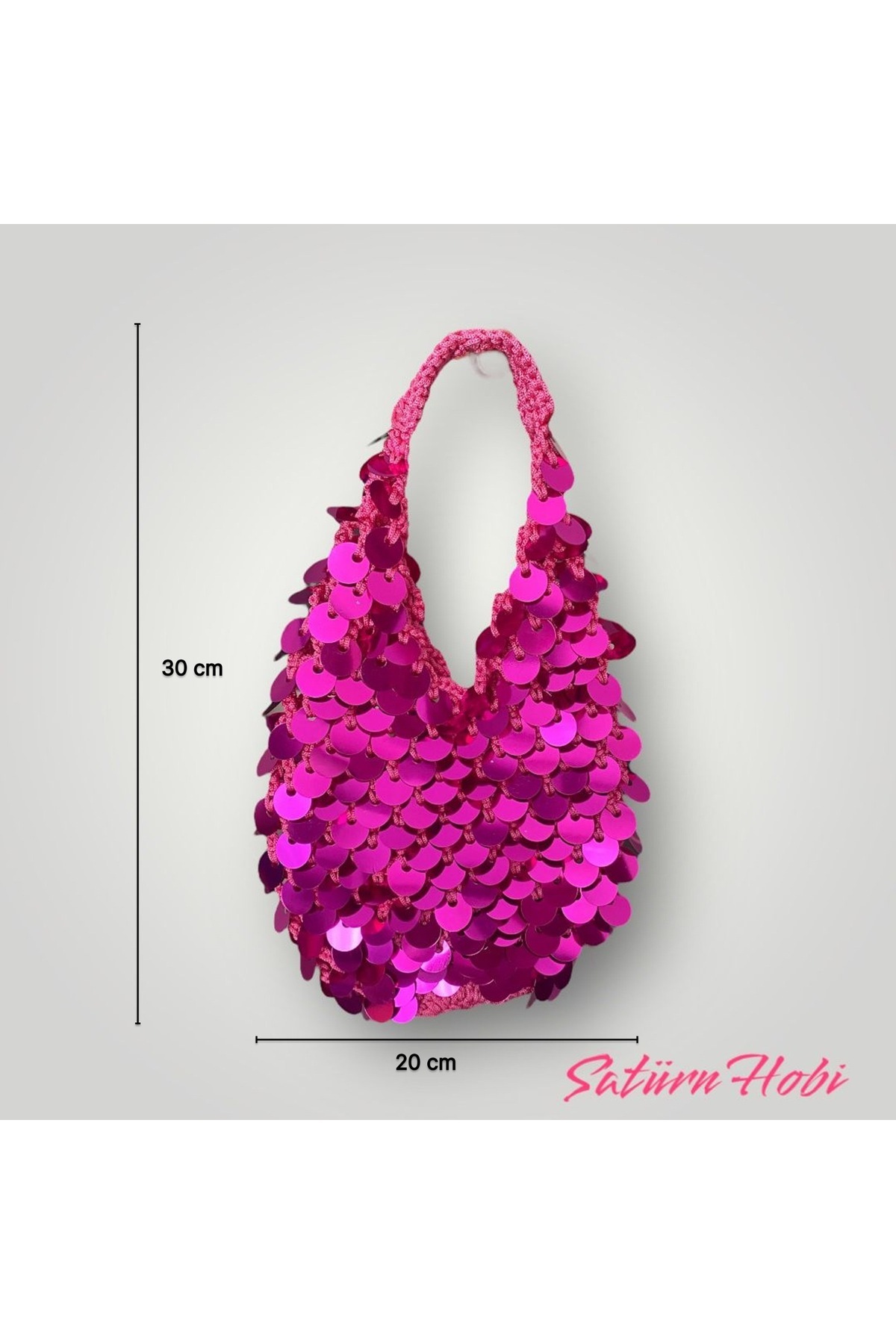Satürn Hobi-Knitted Fuchsia Sequined Mesh Model Mini Size Unlined Handbag 2