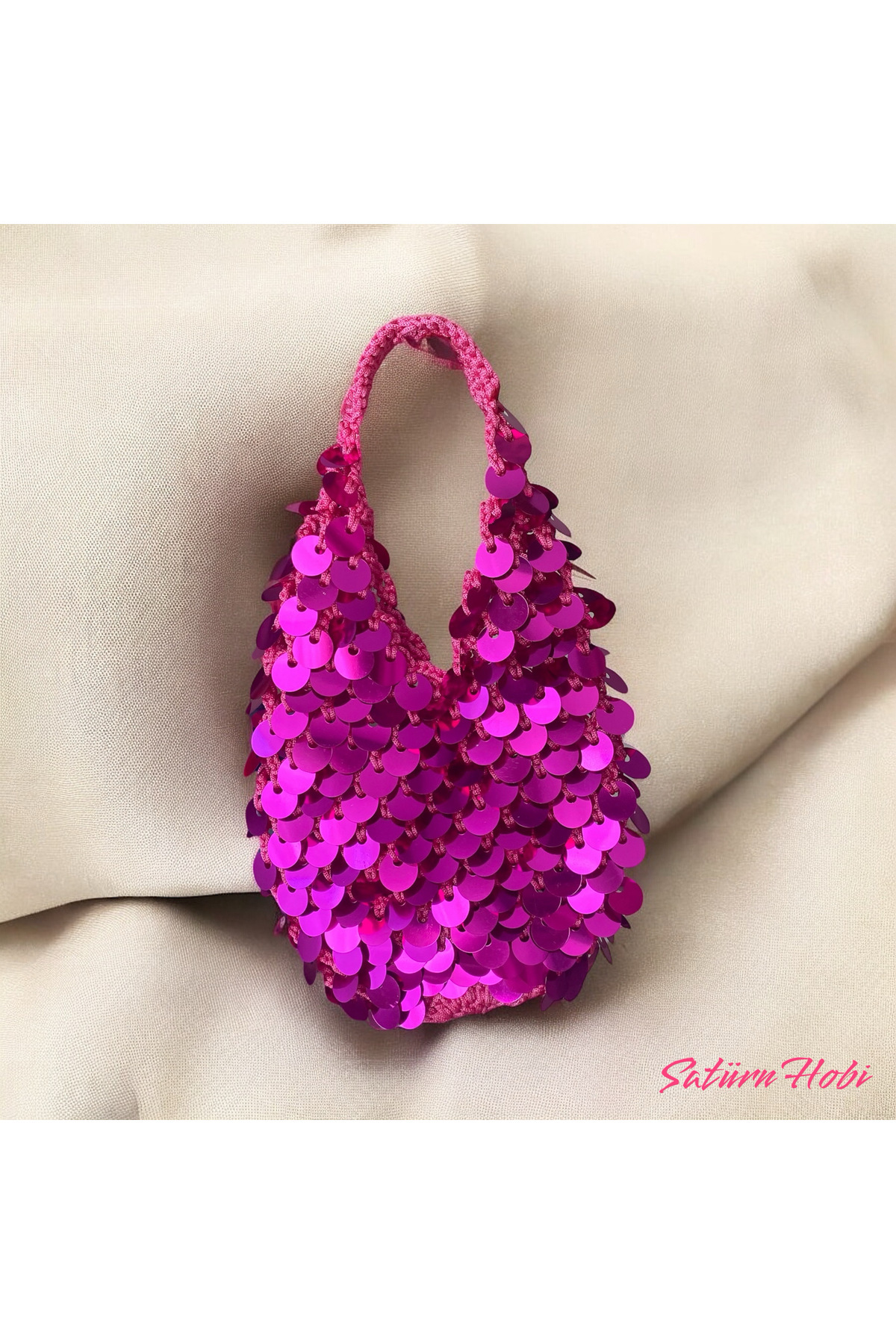 Satürn Hobi-Knitted Fuchsia Sequined Mesh Model Mini Size Unlined Handbag 3