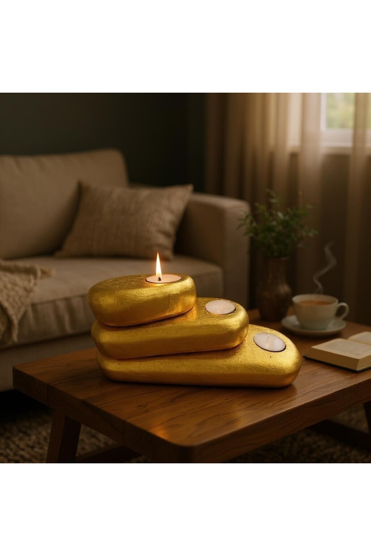 CONCRETE-STONES CANDLE HOLDER - GOLD