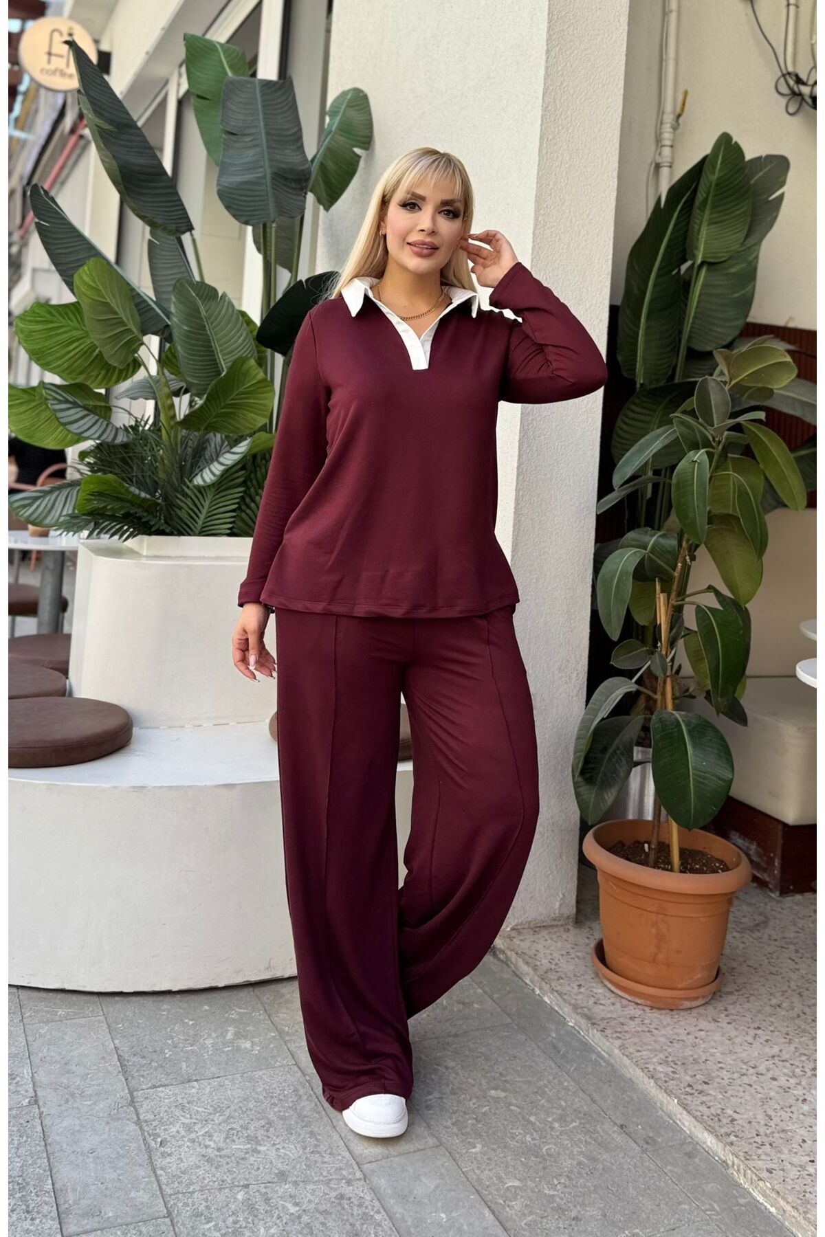 Butik Nilyam Kadın Büyük Beden Gömlek Yaka Detaylı Esnek Eşofman Takımı 24904