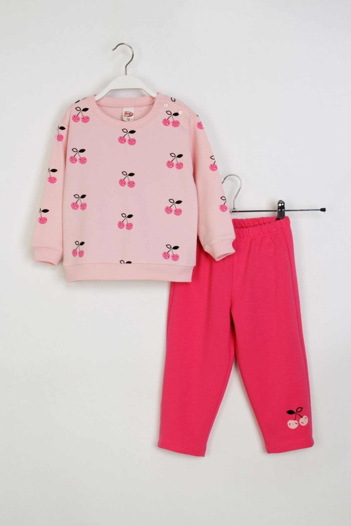 ww waka waka kids store Kız Çocuk Kiraz Baskılı Eşofman Takımı –Pudra & Kırmızı fotoğrafı 2 (önizleme)