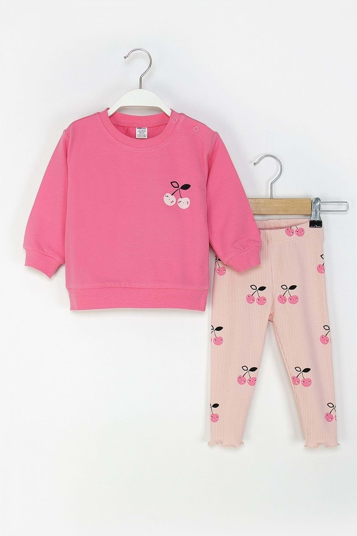 ww waka waka kids store Kız Çocuk Kiraz Baskılı Eşofman Takımı – Pembe & Kırmızı fotoğrafı 2 (önizleme)