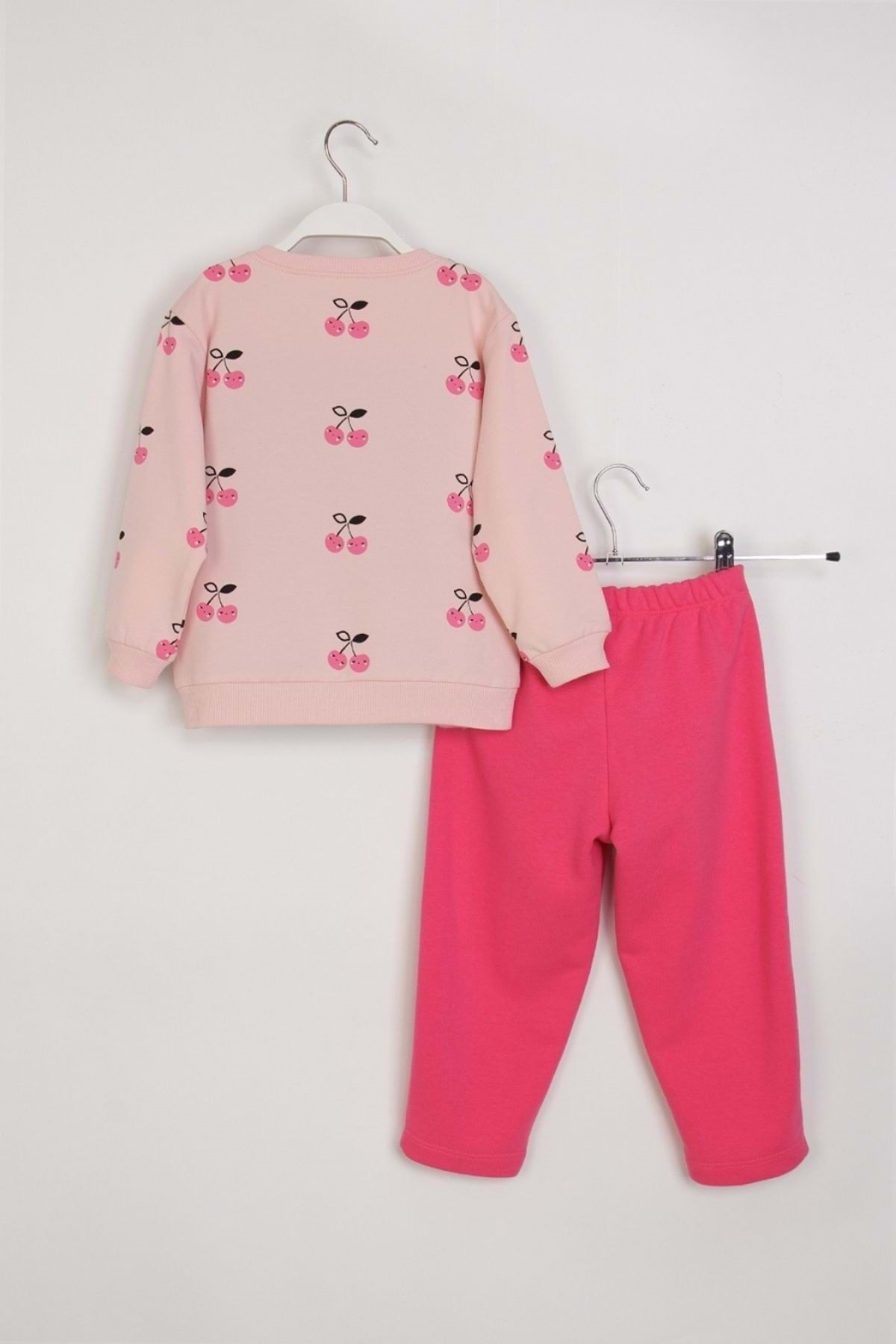 ww waka waka kids store Kız Çocuk Kiraz Baskılı Eşofman Takımı –Pudra & Kırmızı fotoğrafı 3 (önizleme)