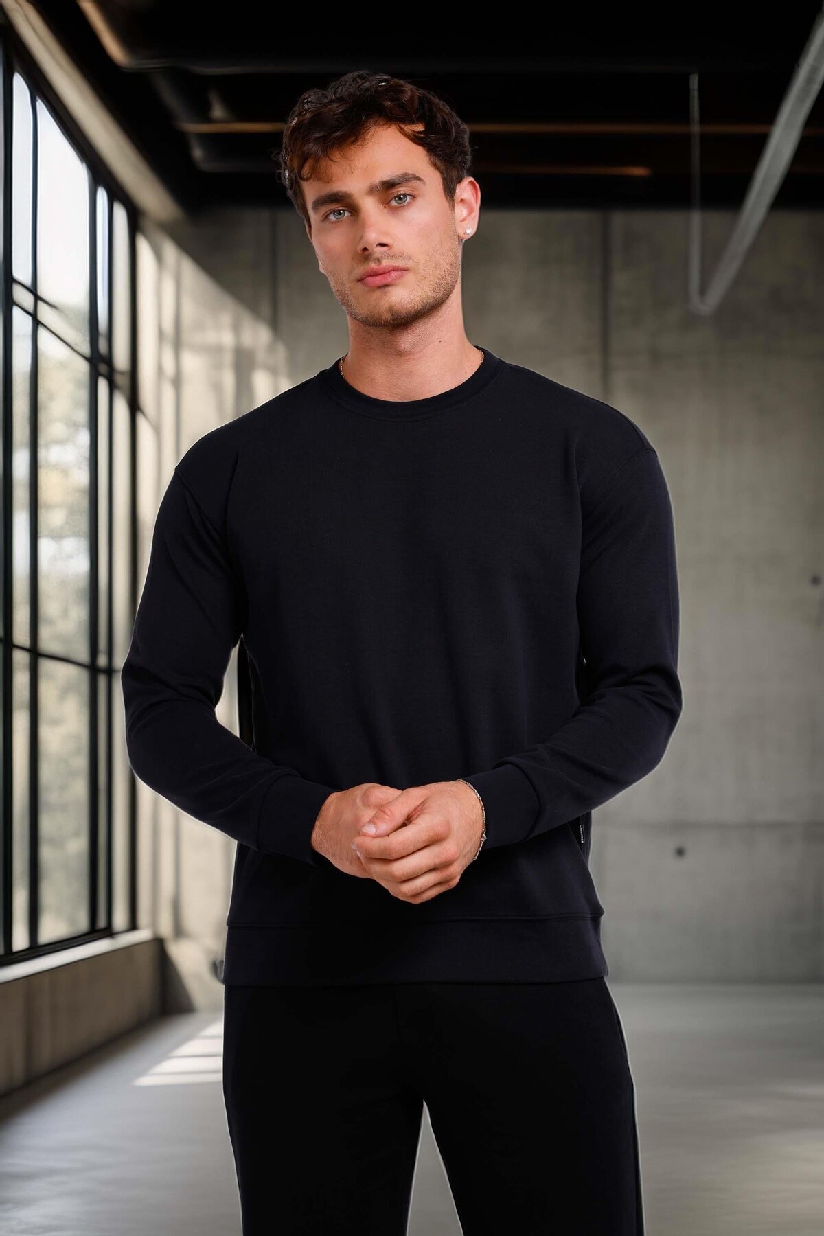 Wenders Relax Fit Basic Fırçalı Interlok Bisiklet Yaka Erkek Sweatshirt - Siyah — مشکی SS10035 — تصویر 2 از 8