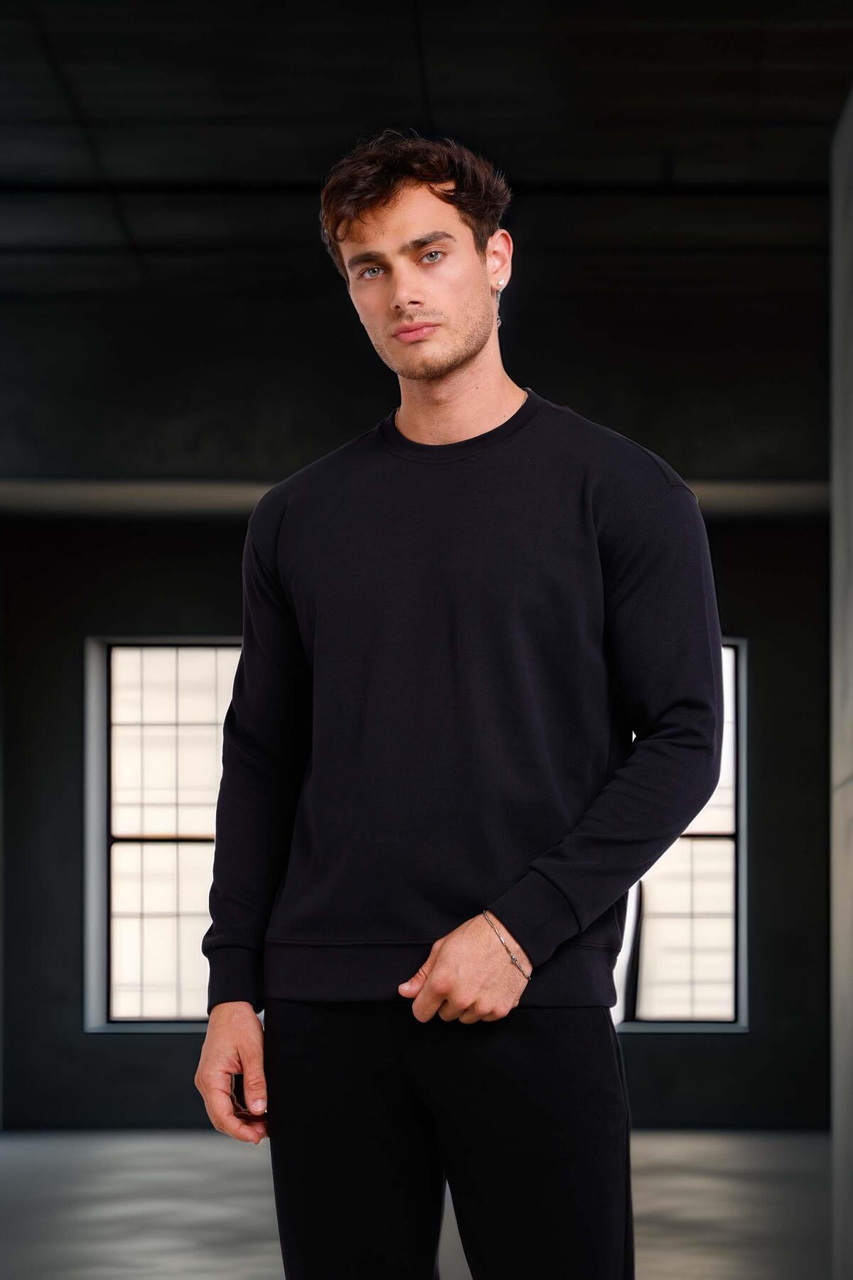 Wenders Relax Fit Basic Fırçalı Interlok Bisiklet Yaka Erkek Sweatshirt - Siyah — مشکی SS10035 — تصویر 7 از 8
